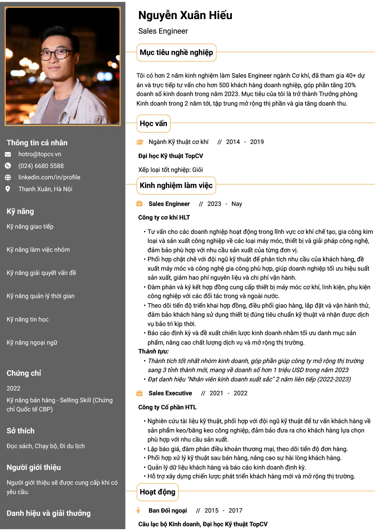 Mẫu CV xin việc Sales Engineer style Thành đạt