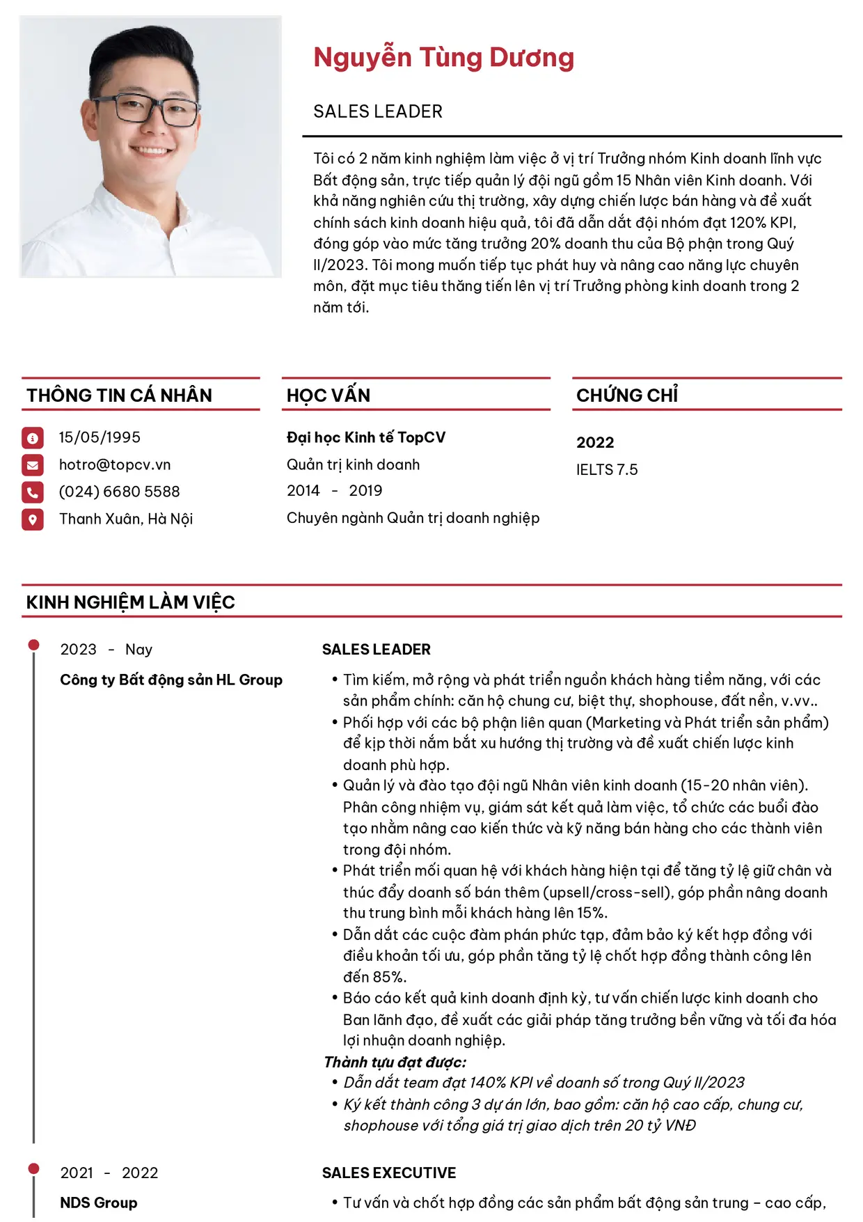 Mẫu CV xin việc Sales Leader (Trưởng nhóm kinh doanh) style Thanh lịch