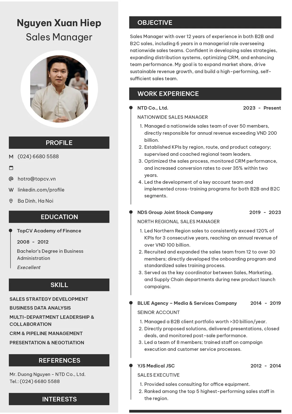 Mẫu CV xin việc Sales Manager style Clarity