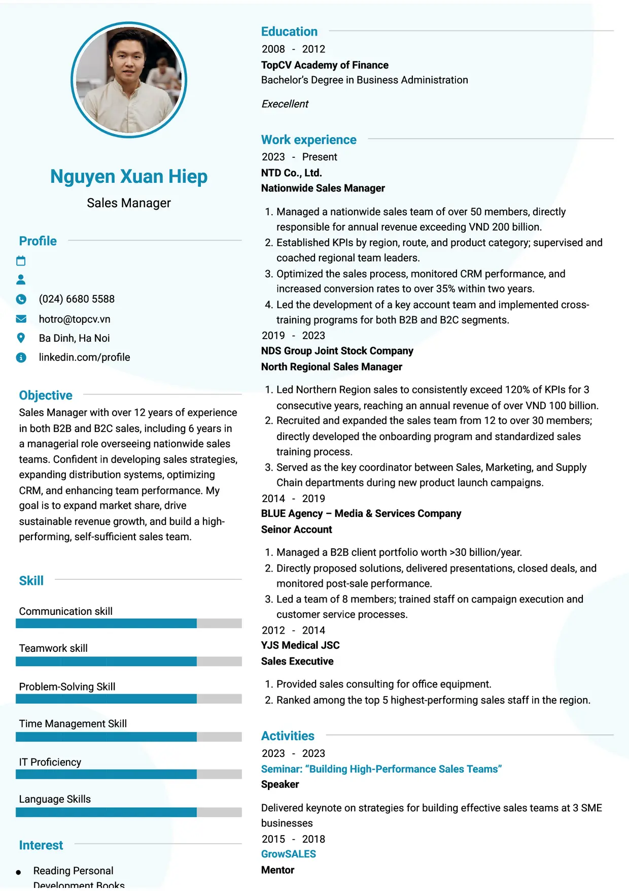 Mẫu CV xin việc Sales Manager style Hiện Đại 2