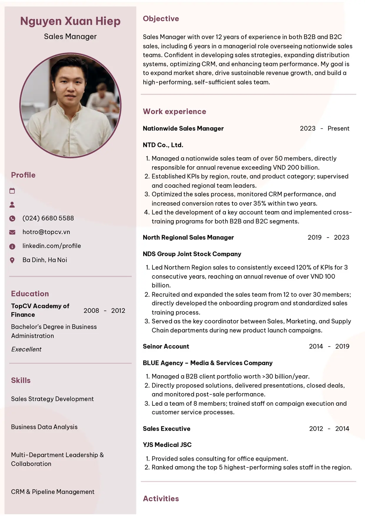 Mẫu CV xin việc Sales Manager style Hiện đại 6