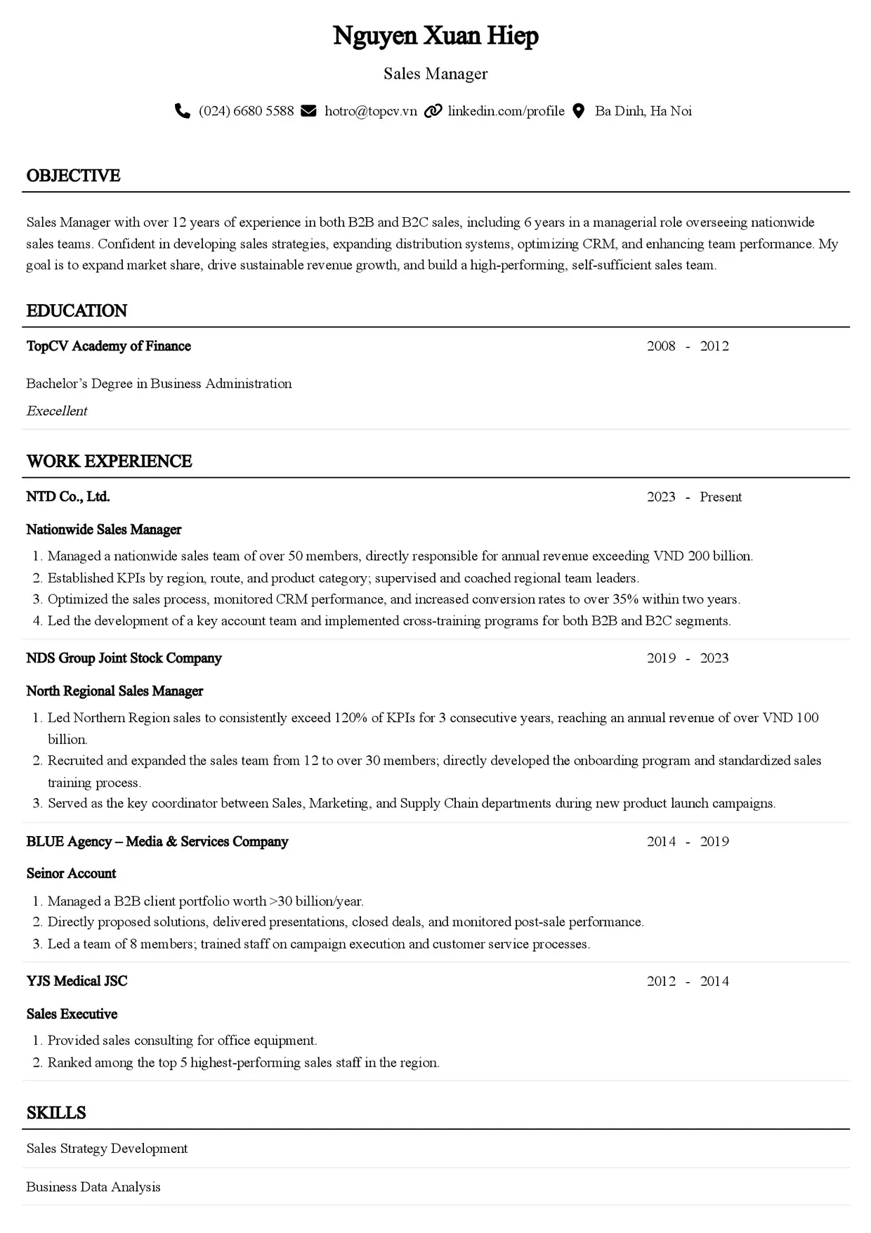 Mẫu CV xin việc Sales Manager style Senior