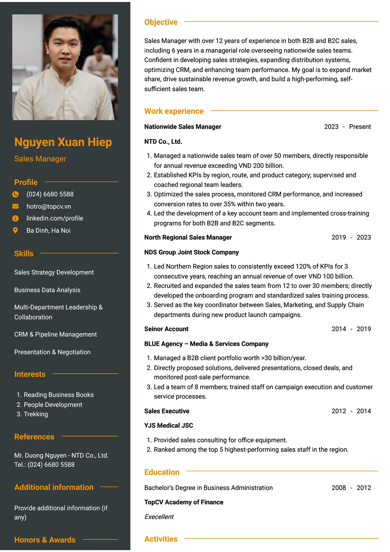 Mẫu CV xin việc Sales Manager style Tham vọng