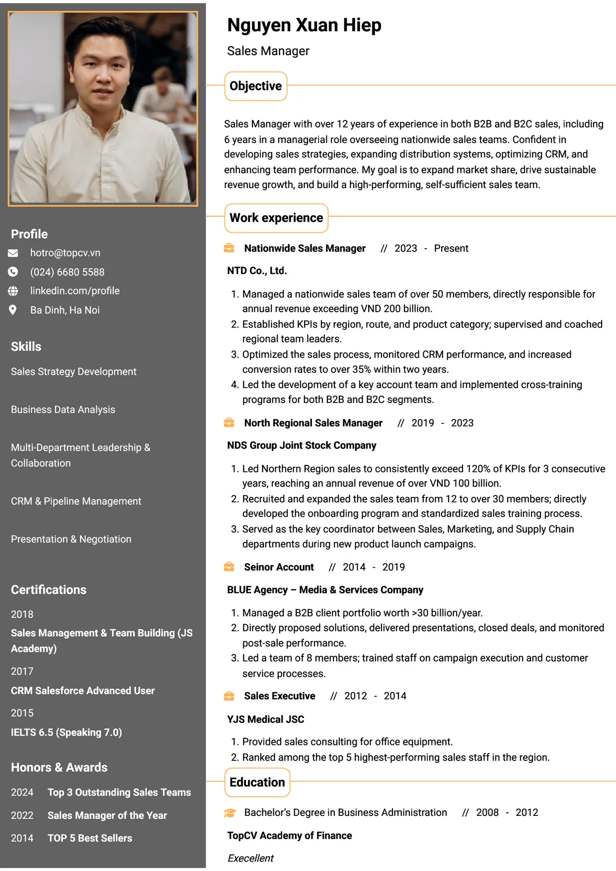 Mẫu CV xin việc Sales Manager style Thành đạt