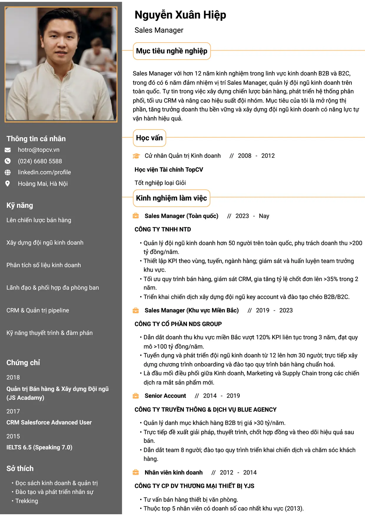 Mẫu CV xin việc Sales Manager style Thành đạt