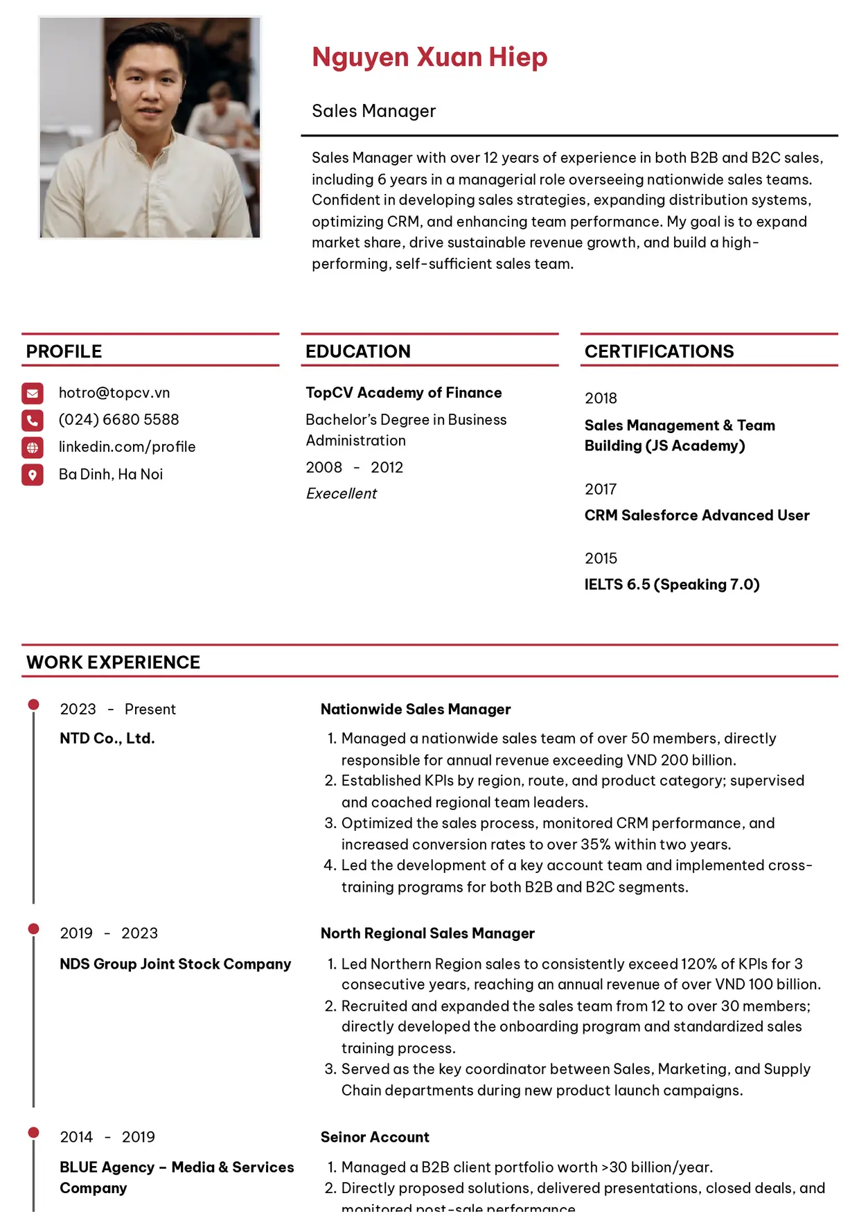 Mẫu CV xin việc Sales Manager style Thanh lịch