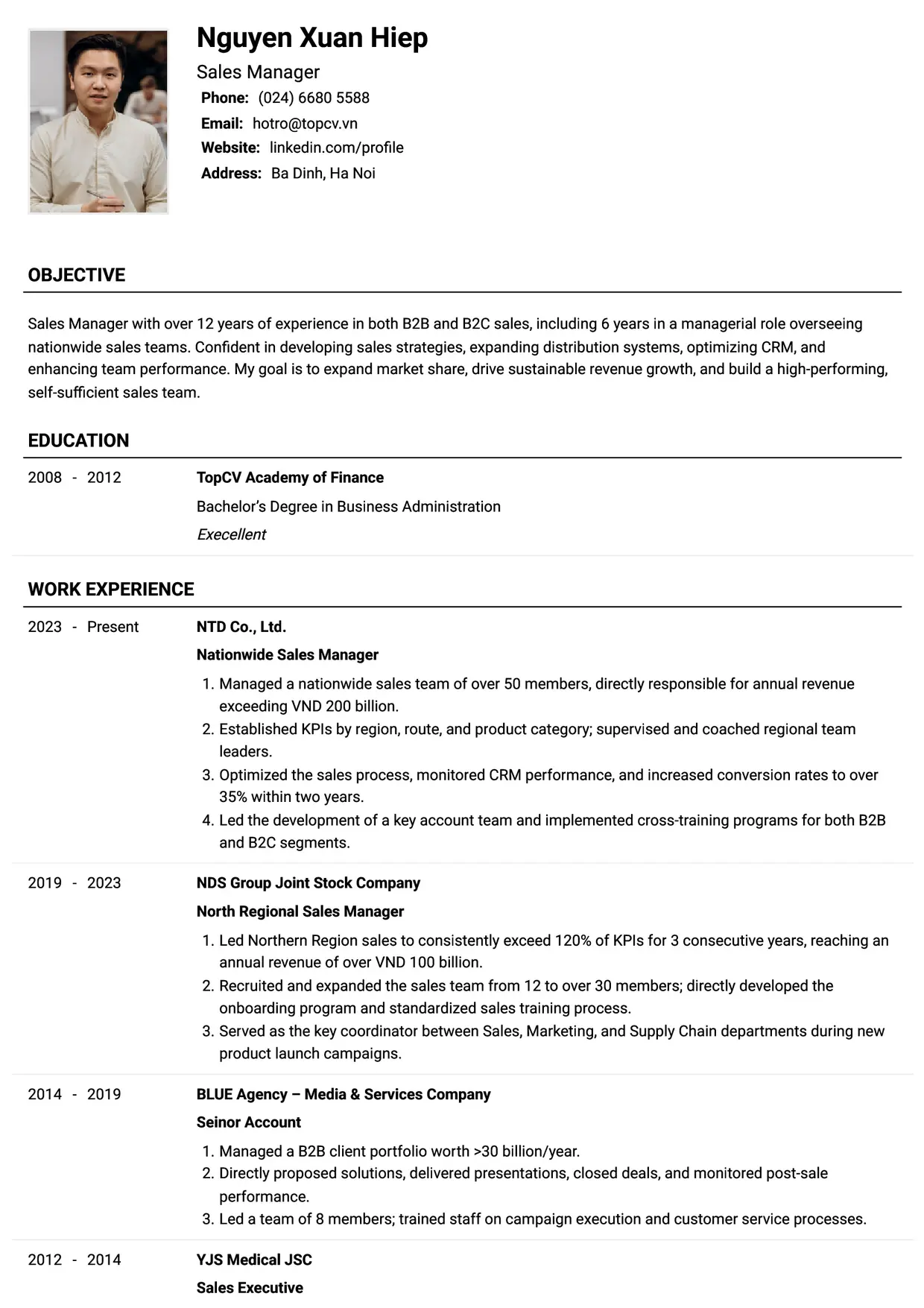 Mẫu CV xin việc Sales Manager style Tiêu chuẩn