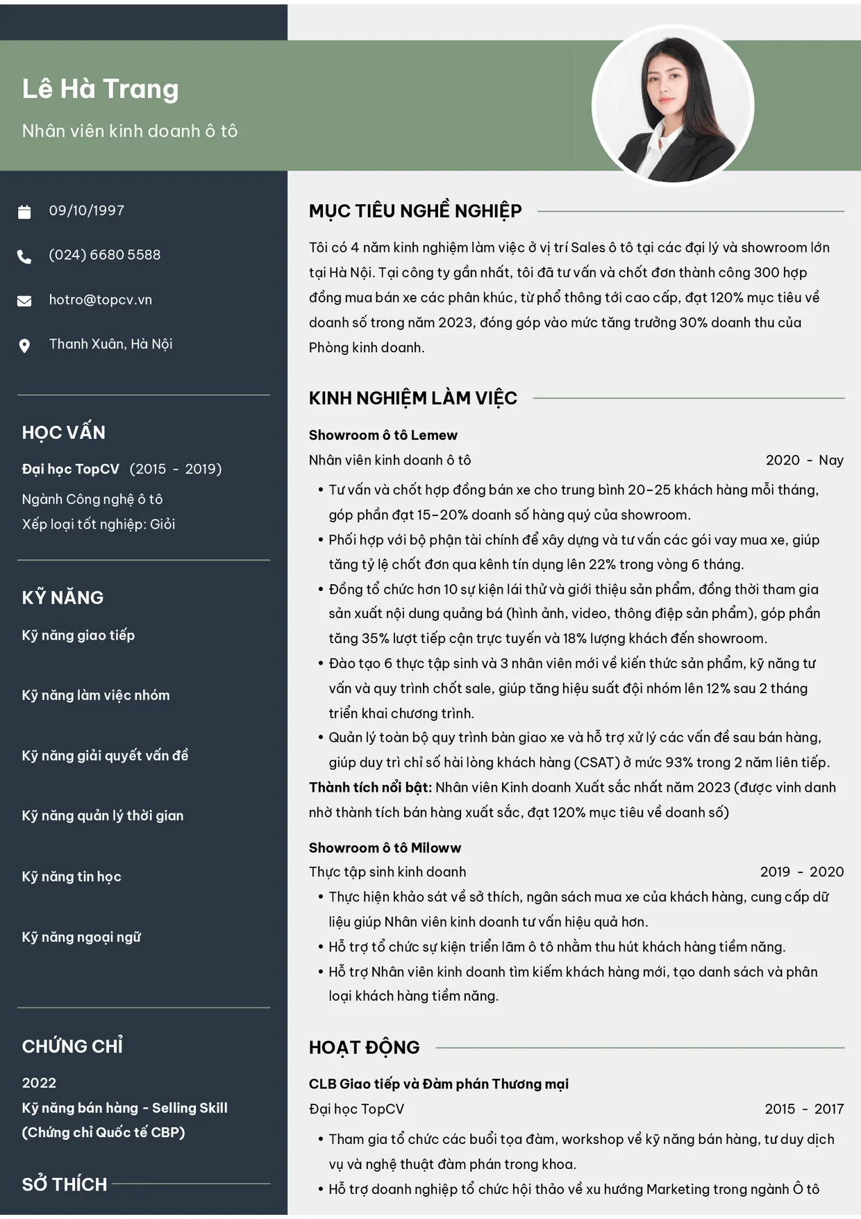 Mẫu CV Sales ô tô style Outstanding 10
