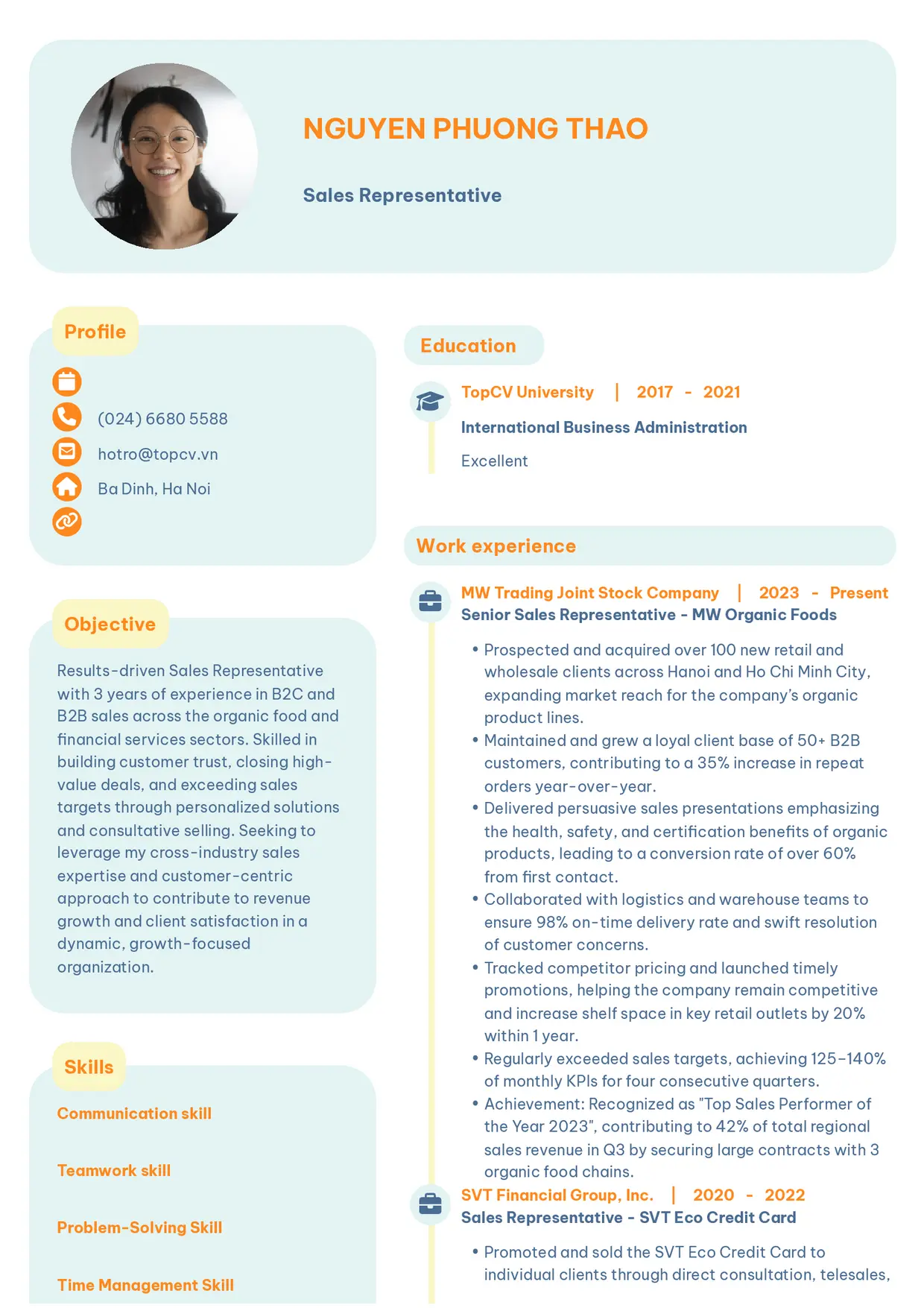 Mẫu CV xin việc Sales Representative style Basic 3