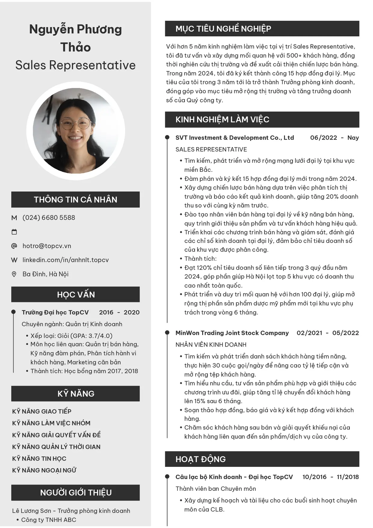 Mẫu CV Sales Representative style Clarity