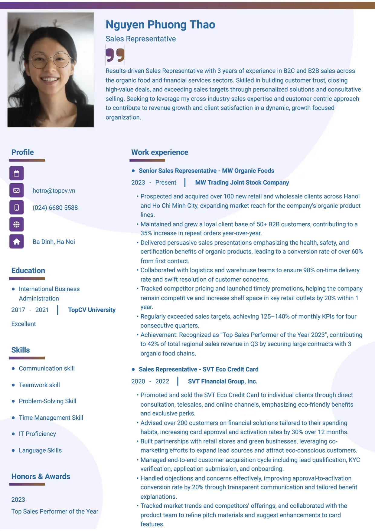Mẫu CV xin việc Sales Representative style Gradient 1