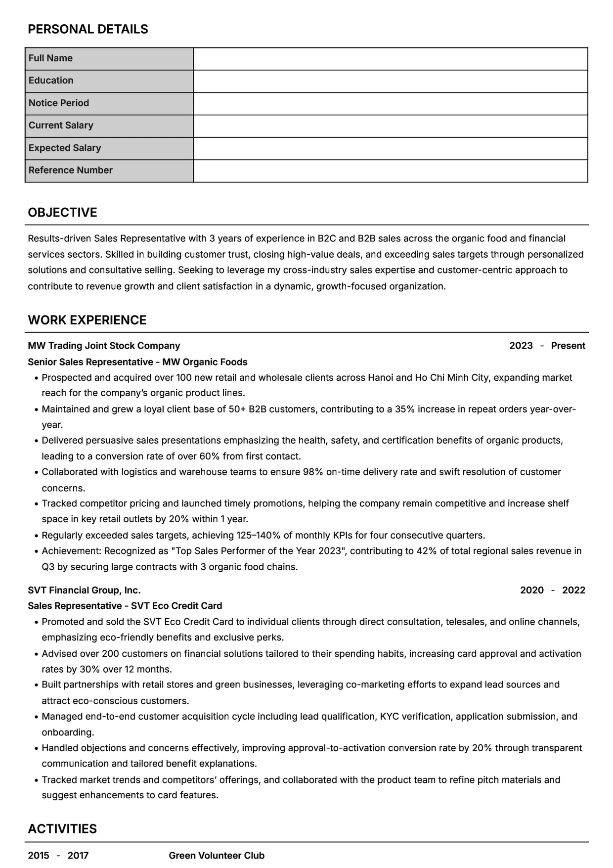 Mẫu CV xin việc Sales Representative style Headhunt