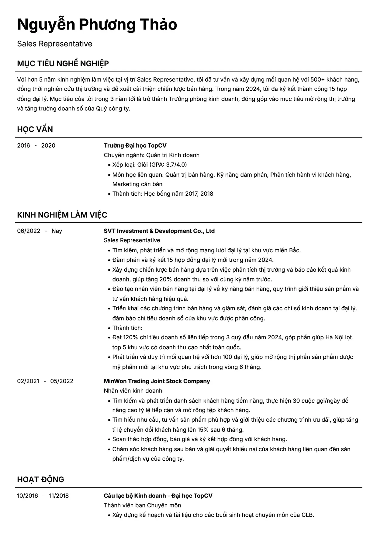 Mẫu CV Sales Representative style Headhunt
