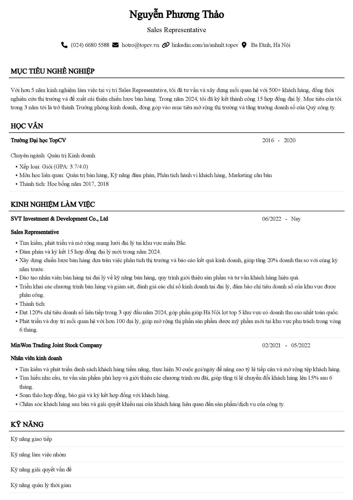 Mẫu CV Sales Representative style Senior
