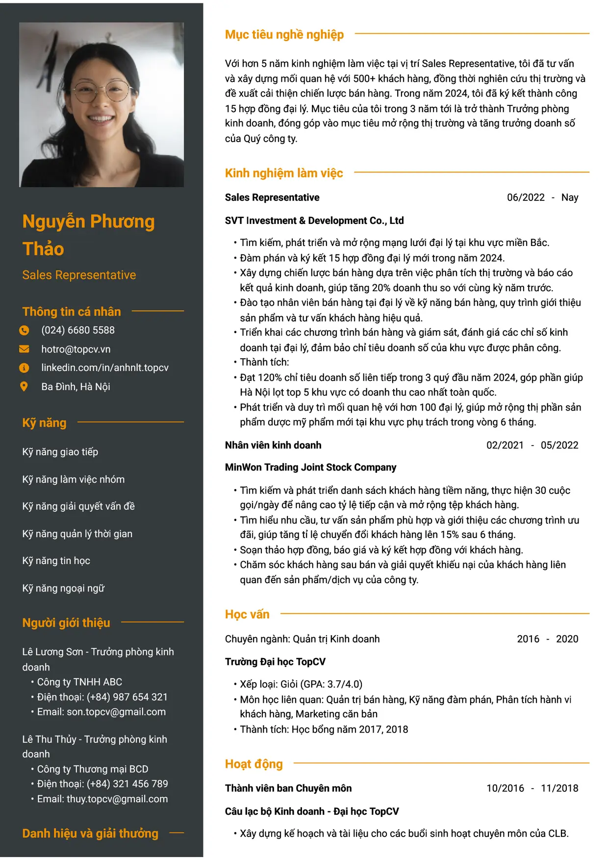 Mẫu CV Sales Representative style Tham vọng