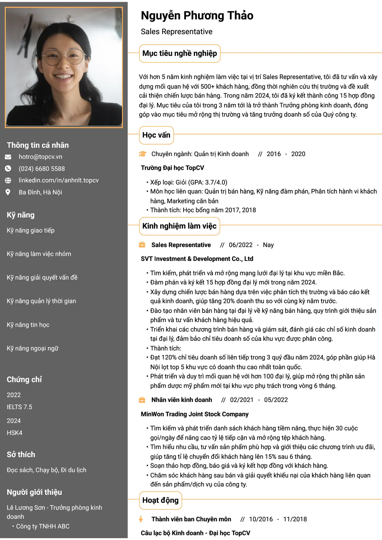 Mẫu CV Sales Representative style Thành đạt