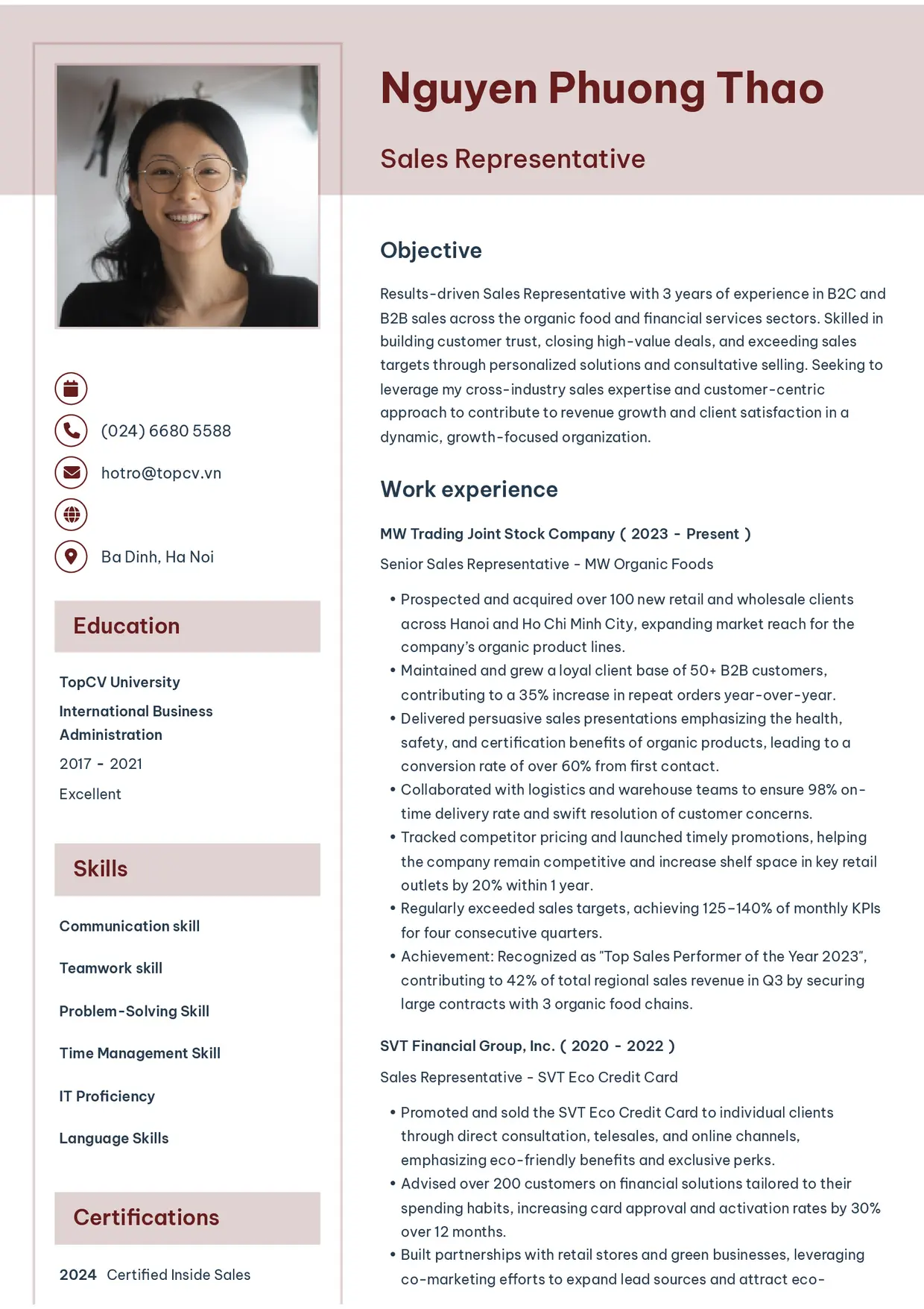 Mẫu CV xin việc Sales Representative style Thanh nhã