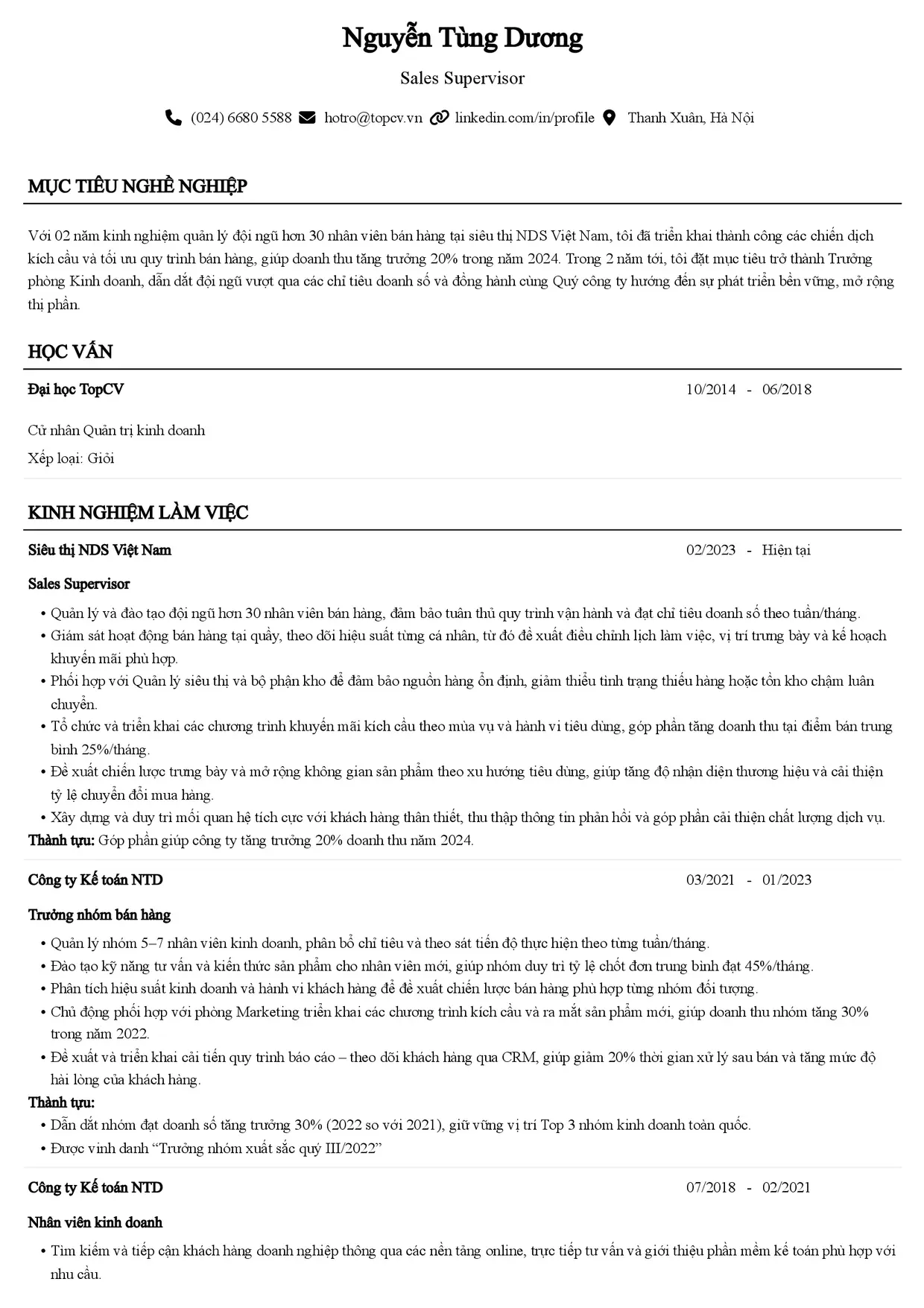 Mẫu CV xin việc Sales Supervisor style Senior