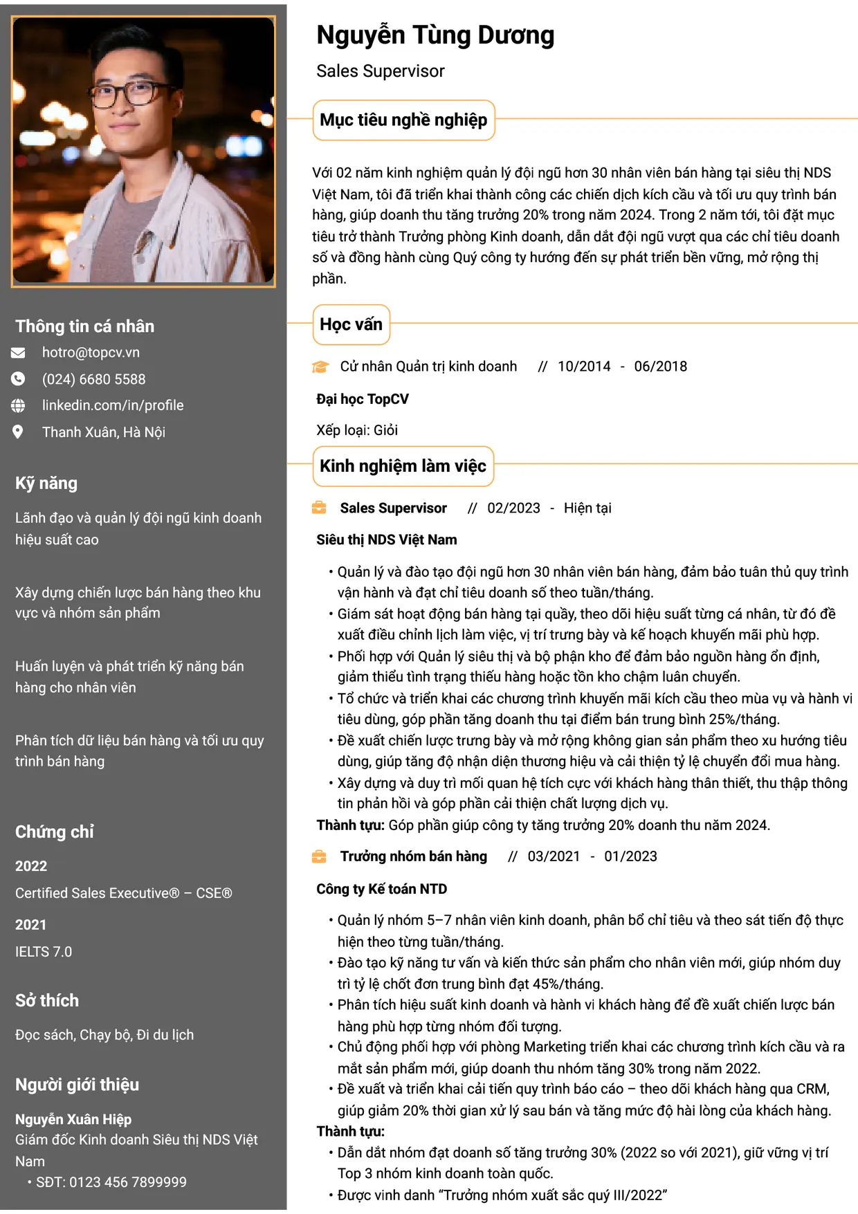 Mẫu CV xin việc Sales Supervisor style Thành đạt