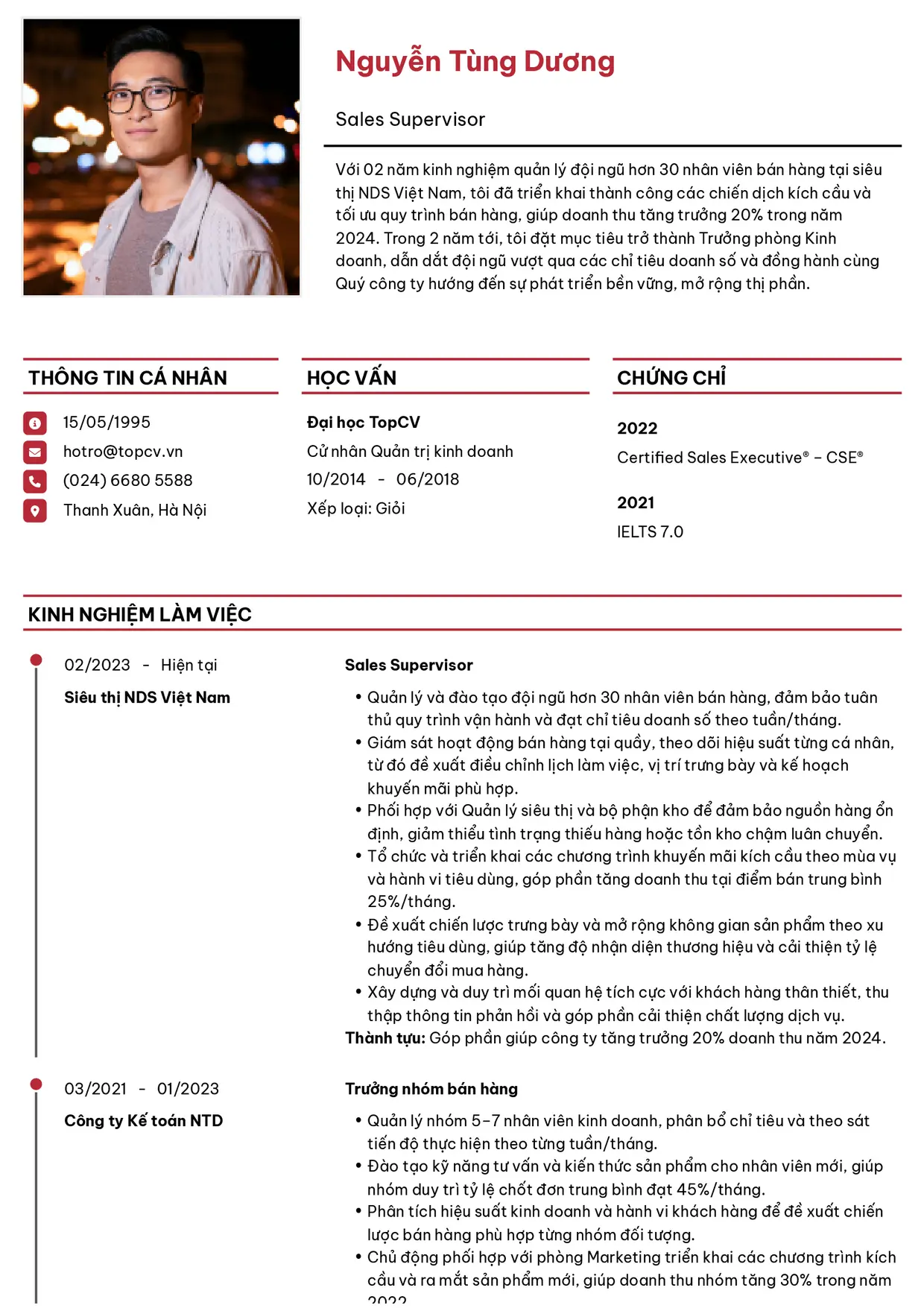 Mẫu CV xin việc Sales Supervisor style Thanh lịch