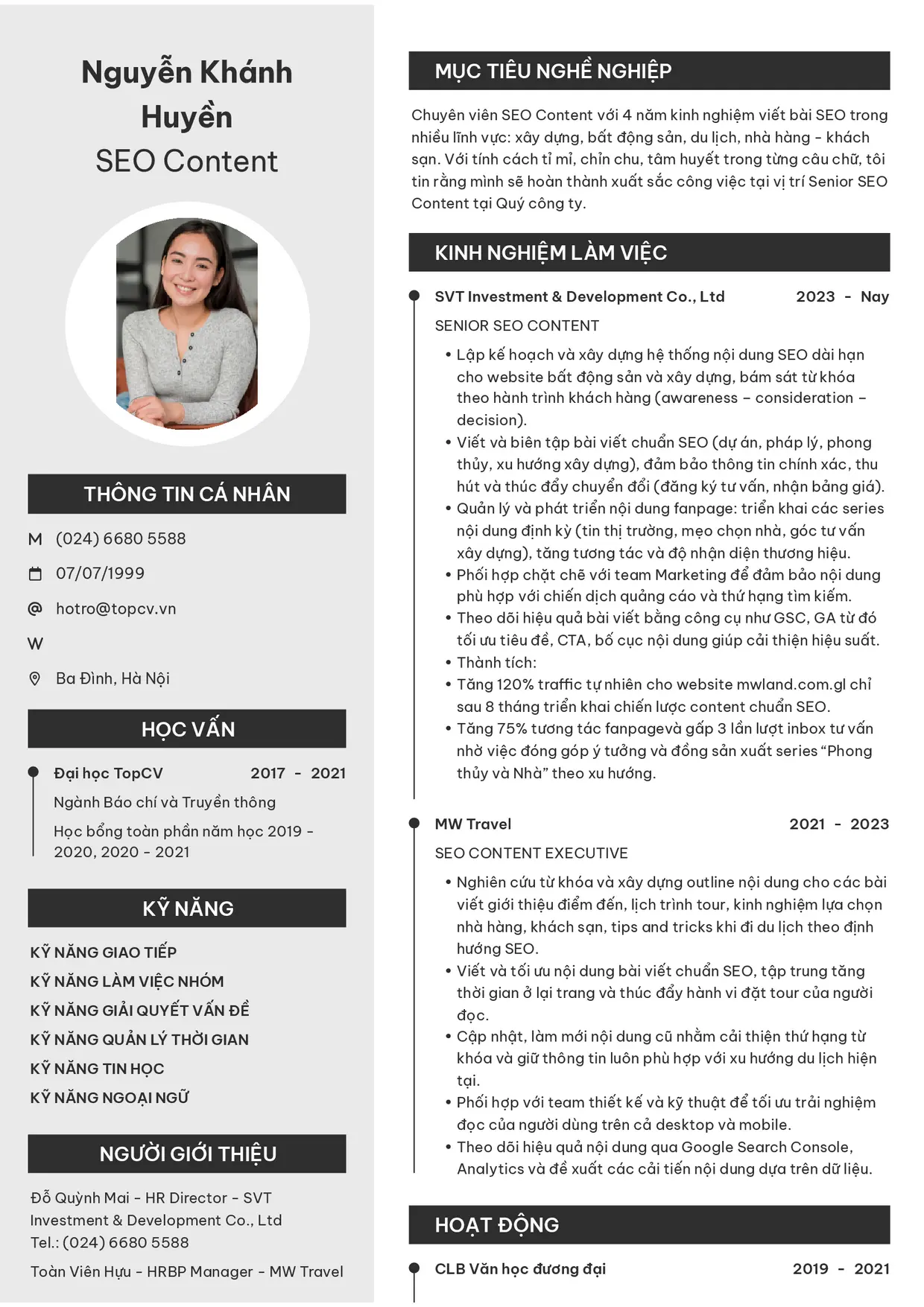 Mẫu CV SEO Content style Clarity