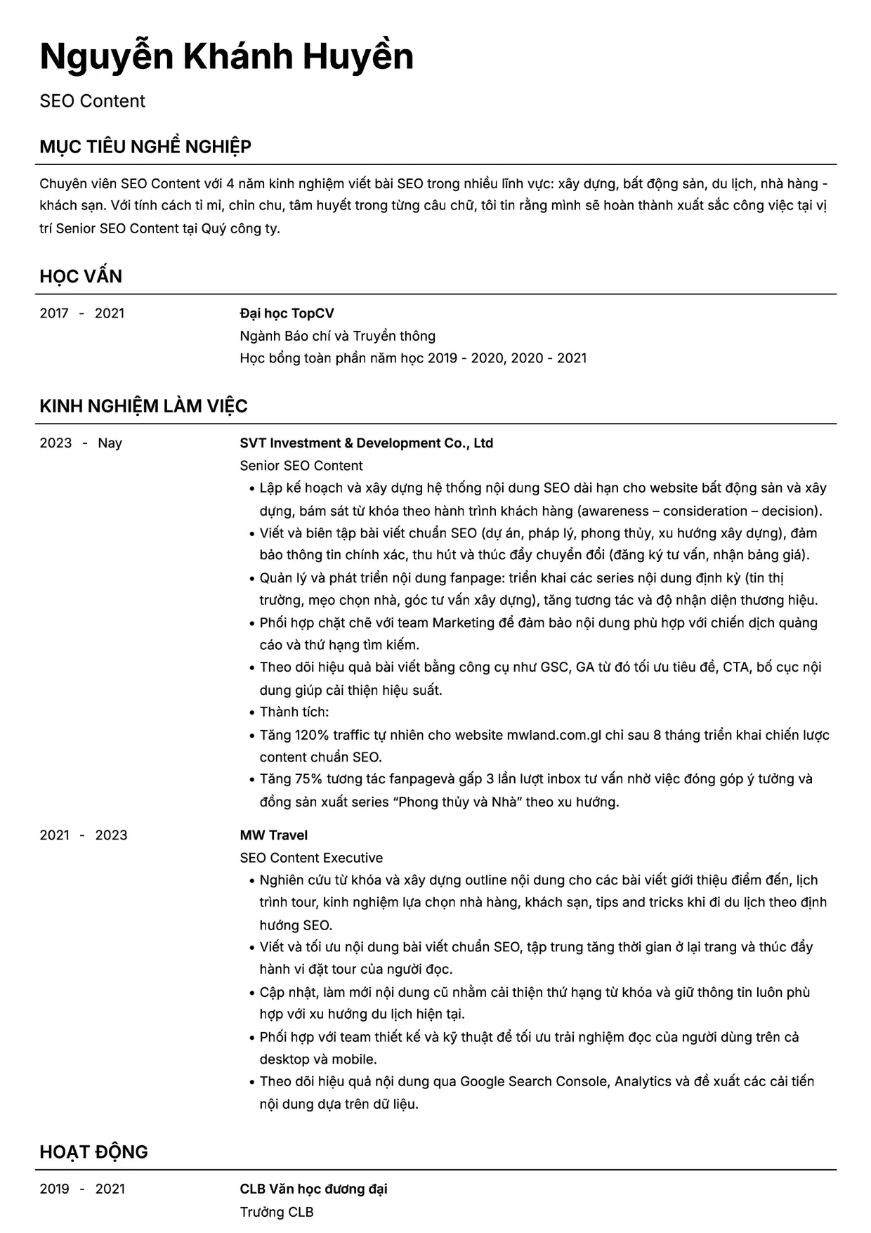 Mẫu CV SEO Content style Headhunt