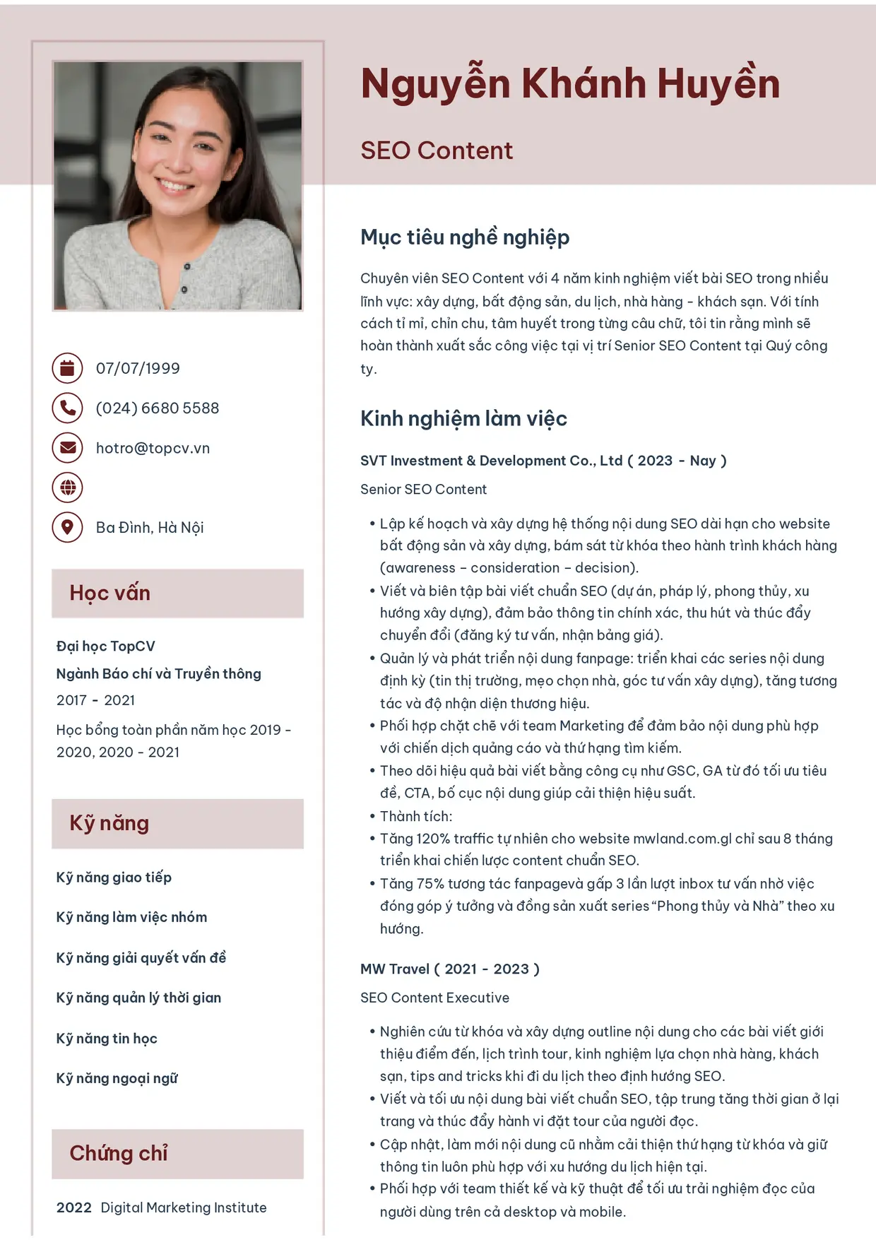 Mẫu CV SEO Content style Thanh nhã