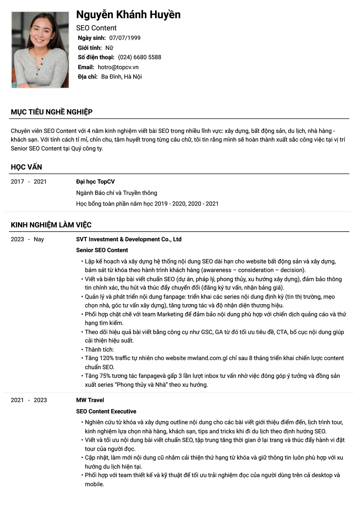 Mẫu CV SEO Content style Tiêu chuẩn