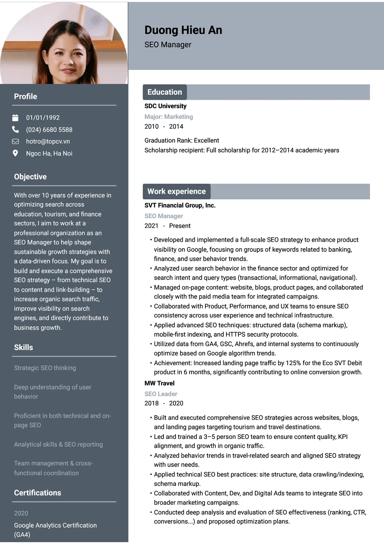 Mẫu CV xin việc SEO Manager style Basic 1