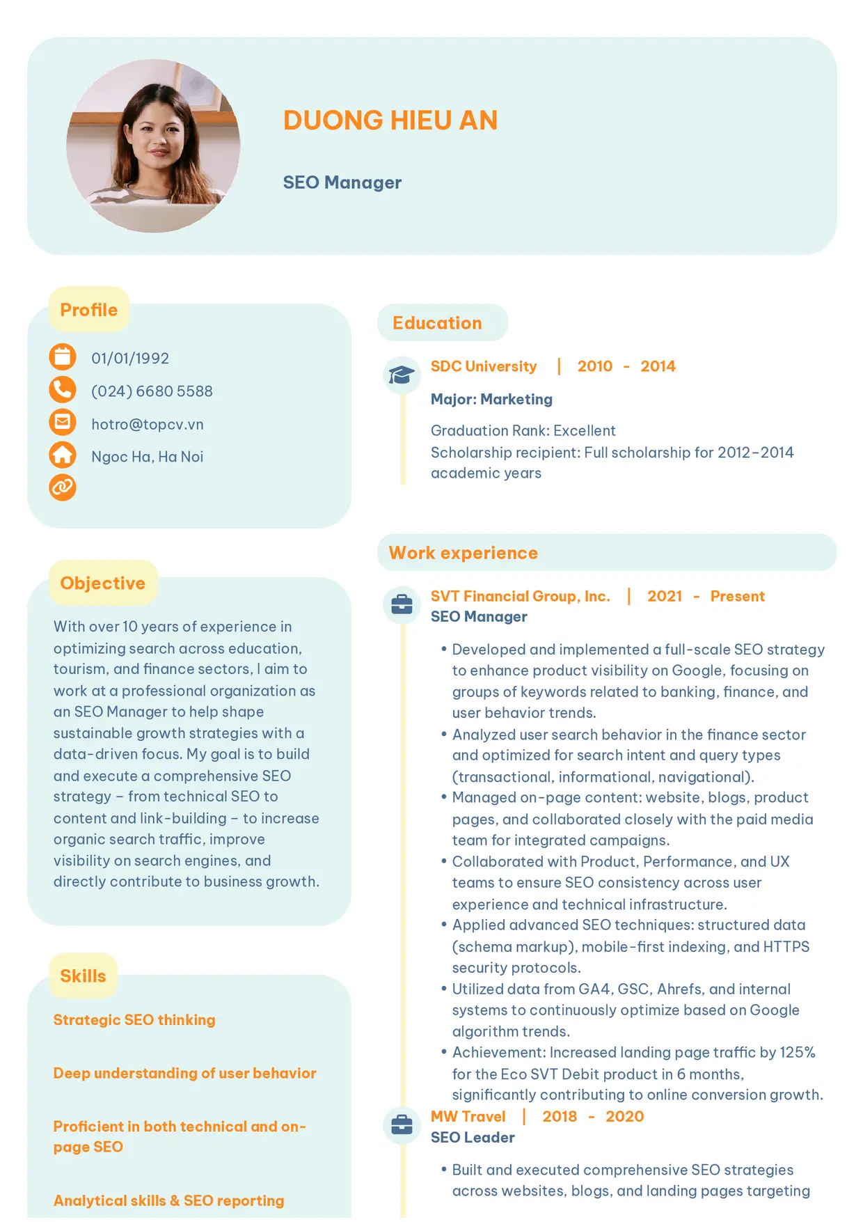 Mẫu CV xin việc SEO Manager style Basic 3