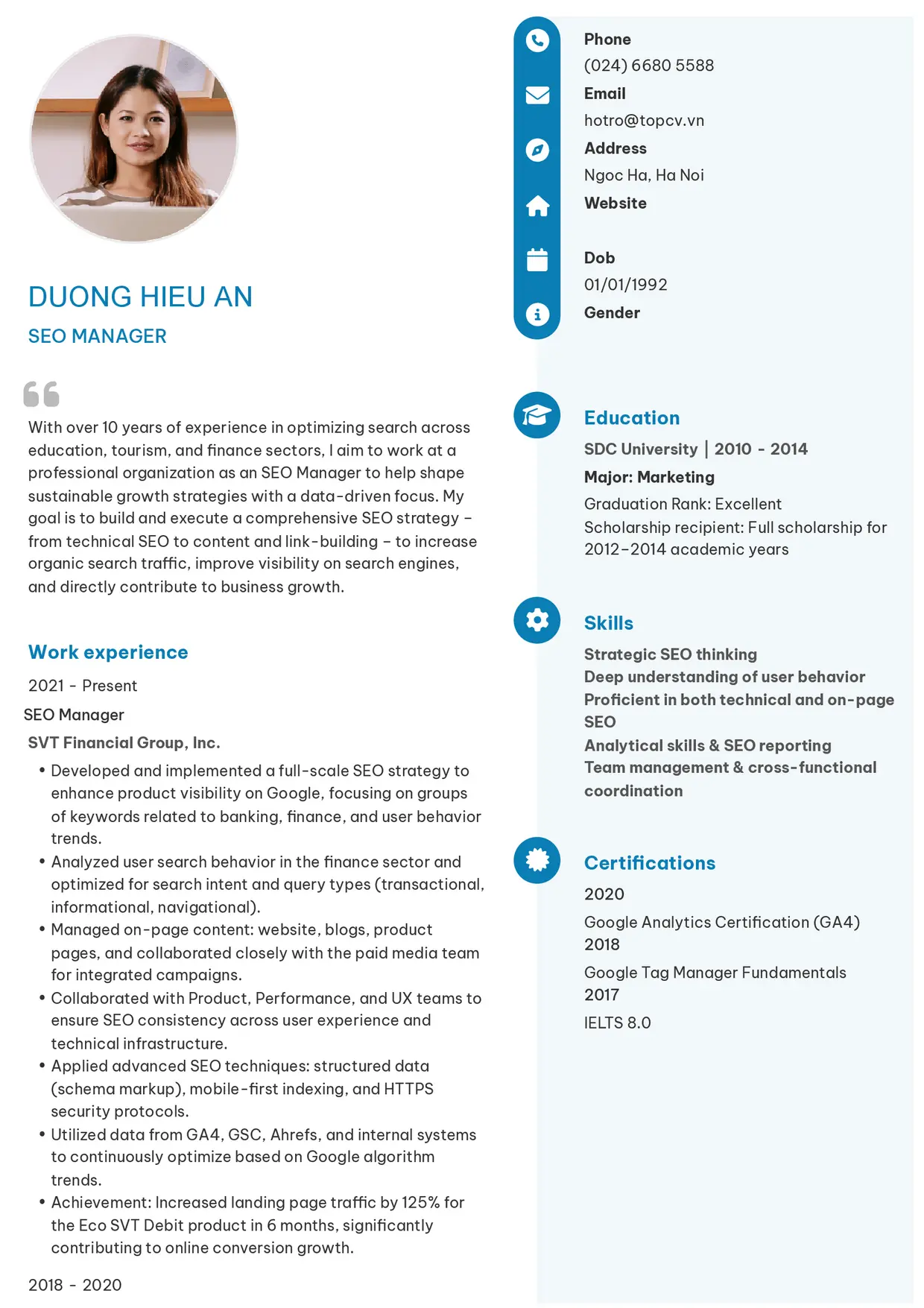 Mẫu CV xin việc SEO Manager style Basic 4