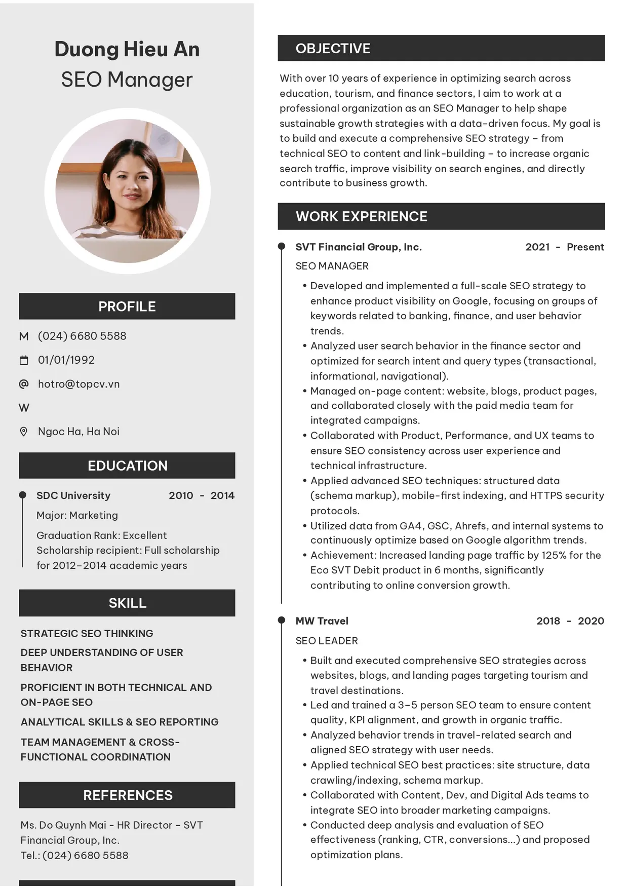 Mẫu CV xin việc SEO Manager style Clarity