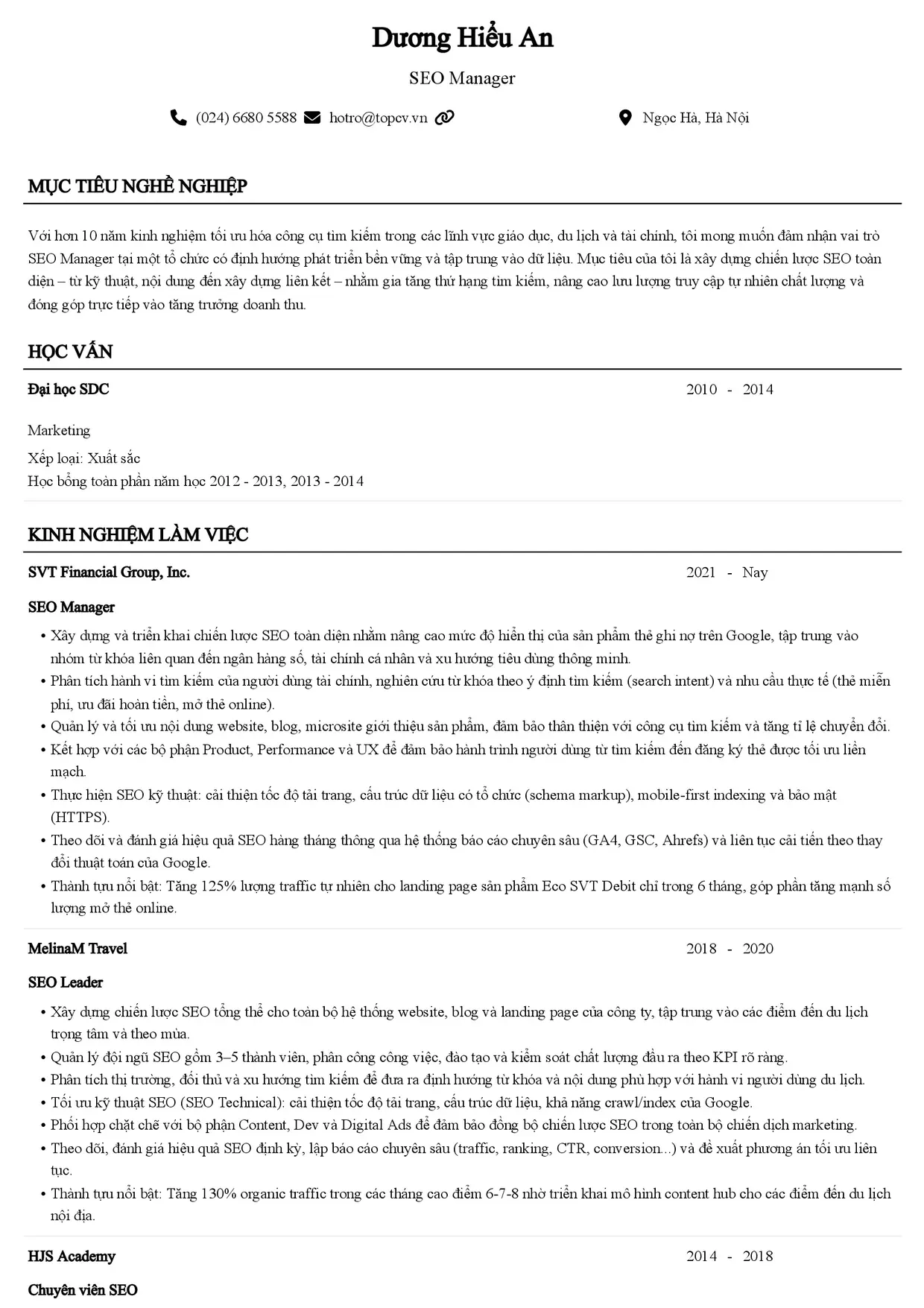 Mẫu CV SEO Manager style Senior