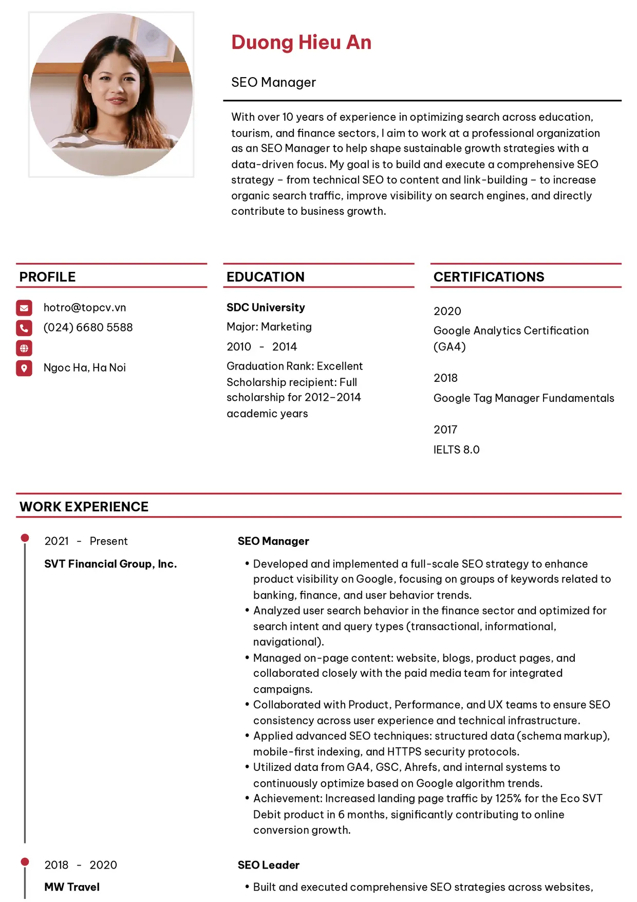 Mẫu CV xin việc SEO Manager style Thanh lịch