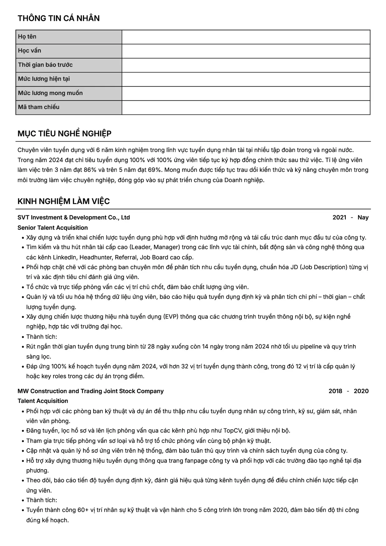 Mẫu CV xin việc Talent Acquisition style Headhunt