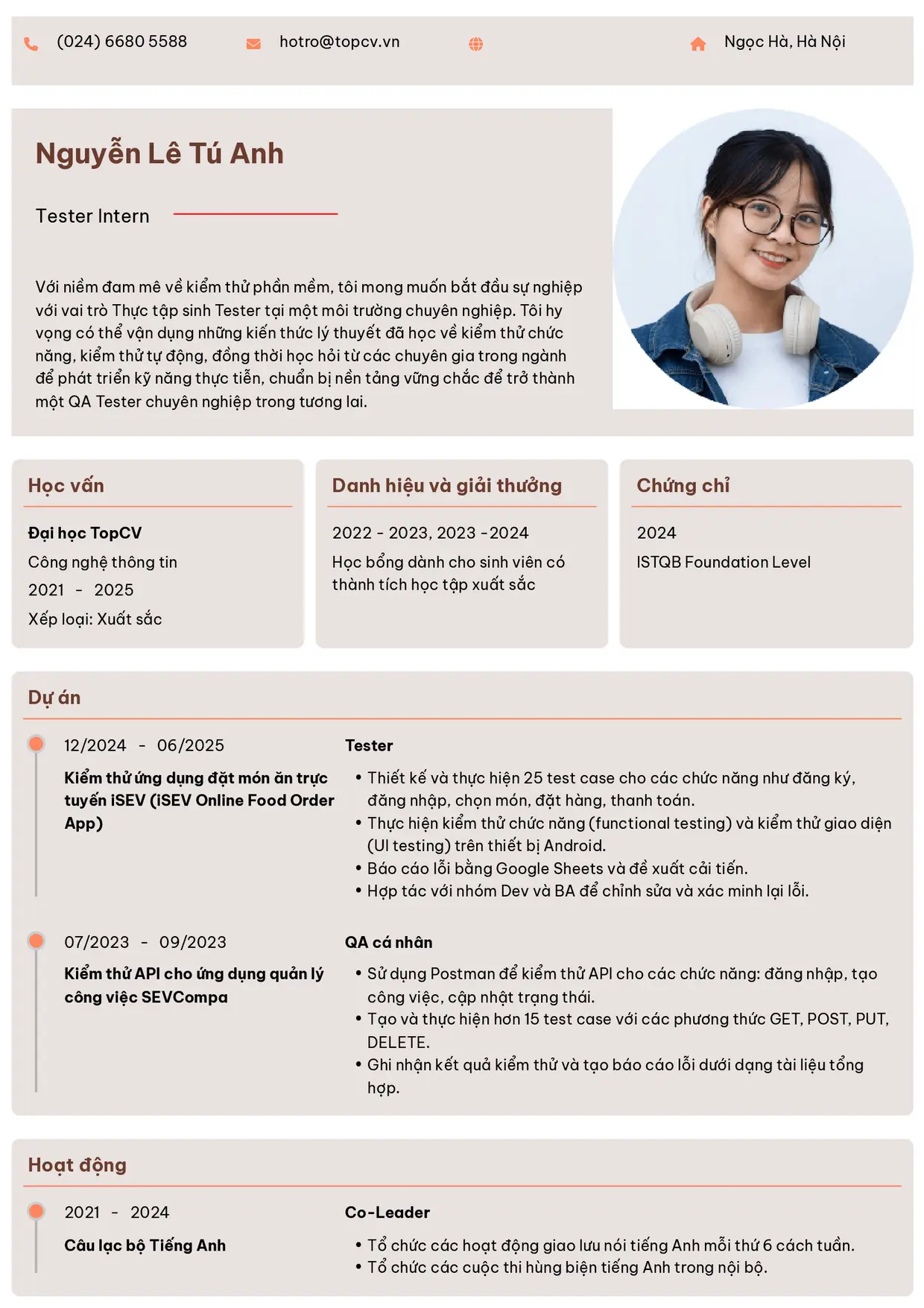 Mẫu CV xin việc Tester Intern style Trang trọng
