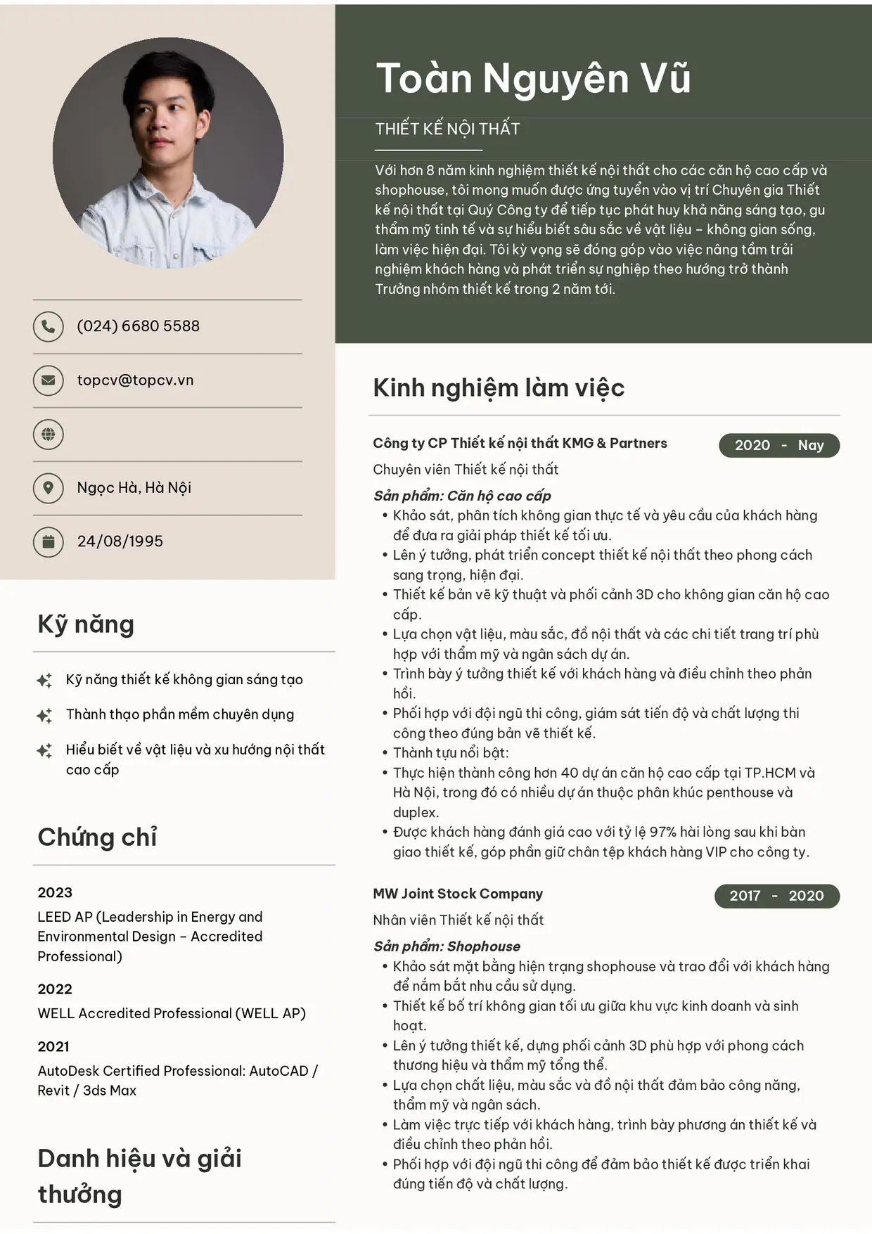 Mẫu CV xin việc Thiết kế nội thất style Bright
