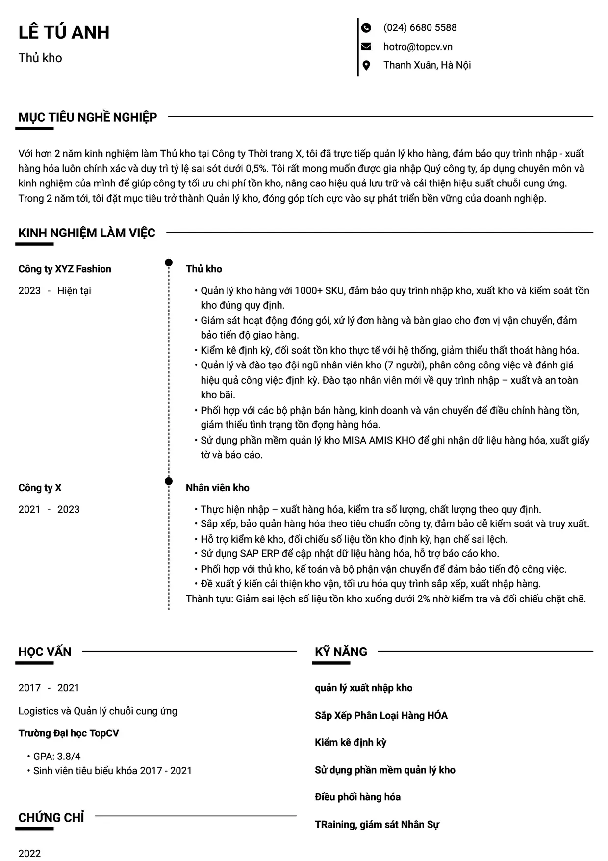 Mẫu CV Thủ kho style Chuyên gia