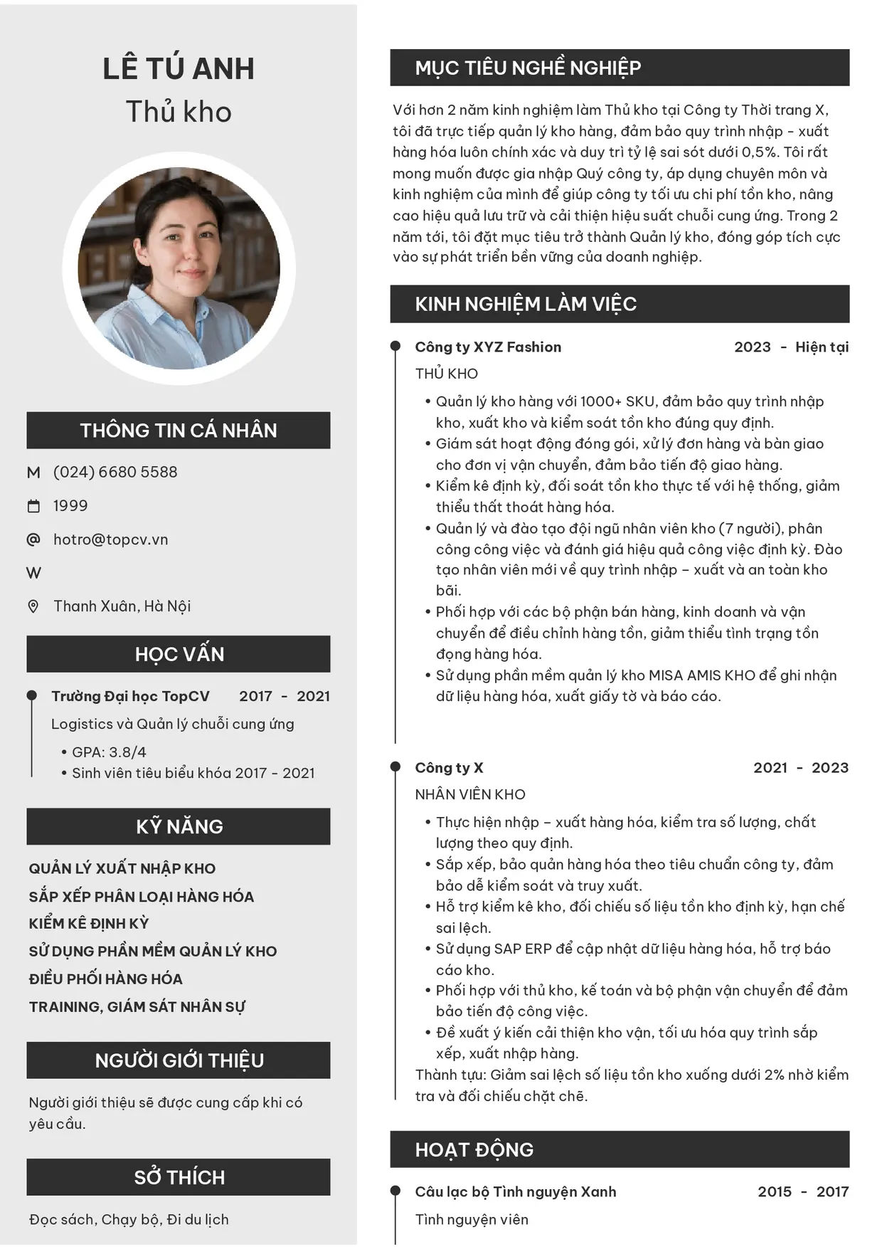 Mẫu CV Thủ kho style Clarity