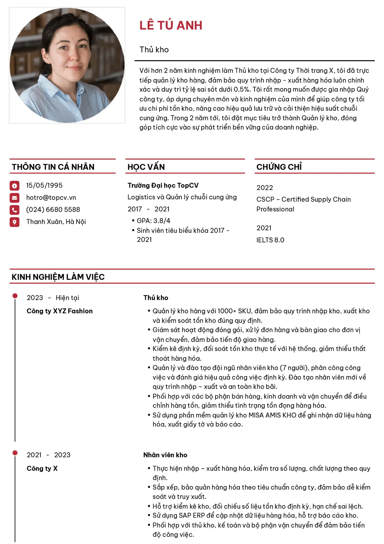 Mẫu CV Thủ kho style Thanh lịch