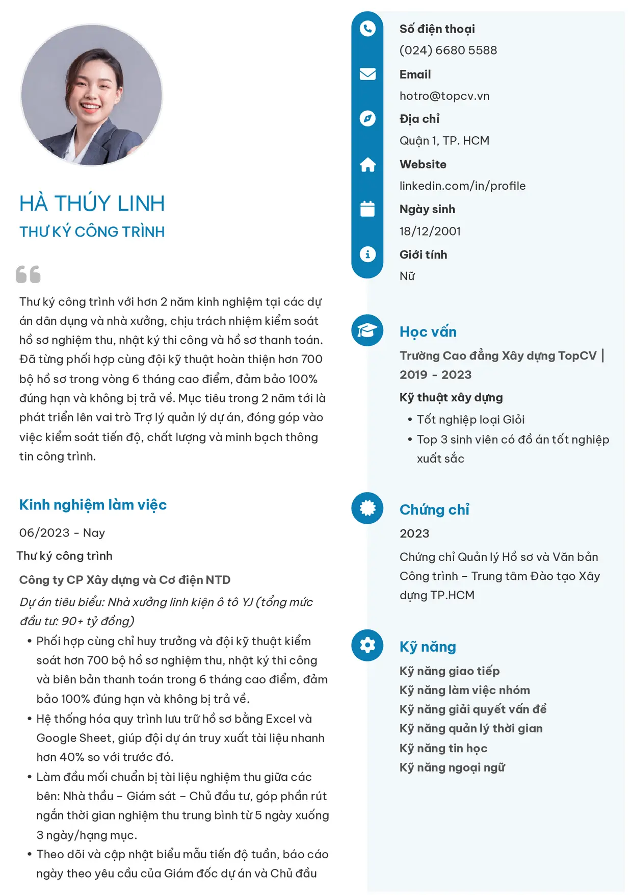 Mẫu CV xin việc Thư ký công trình style Basic 4