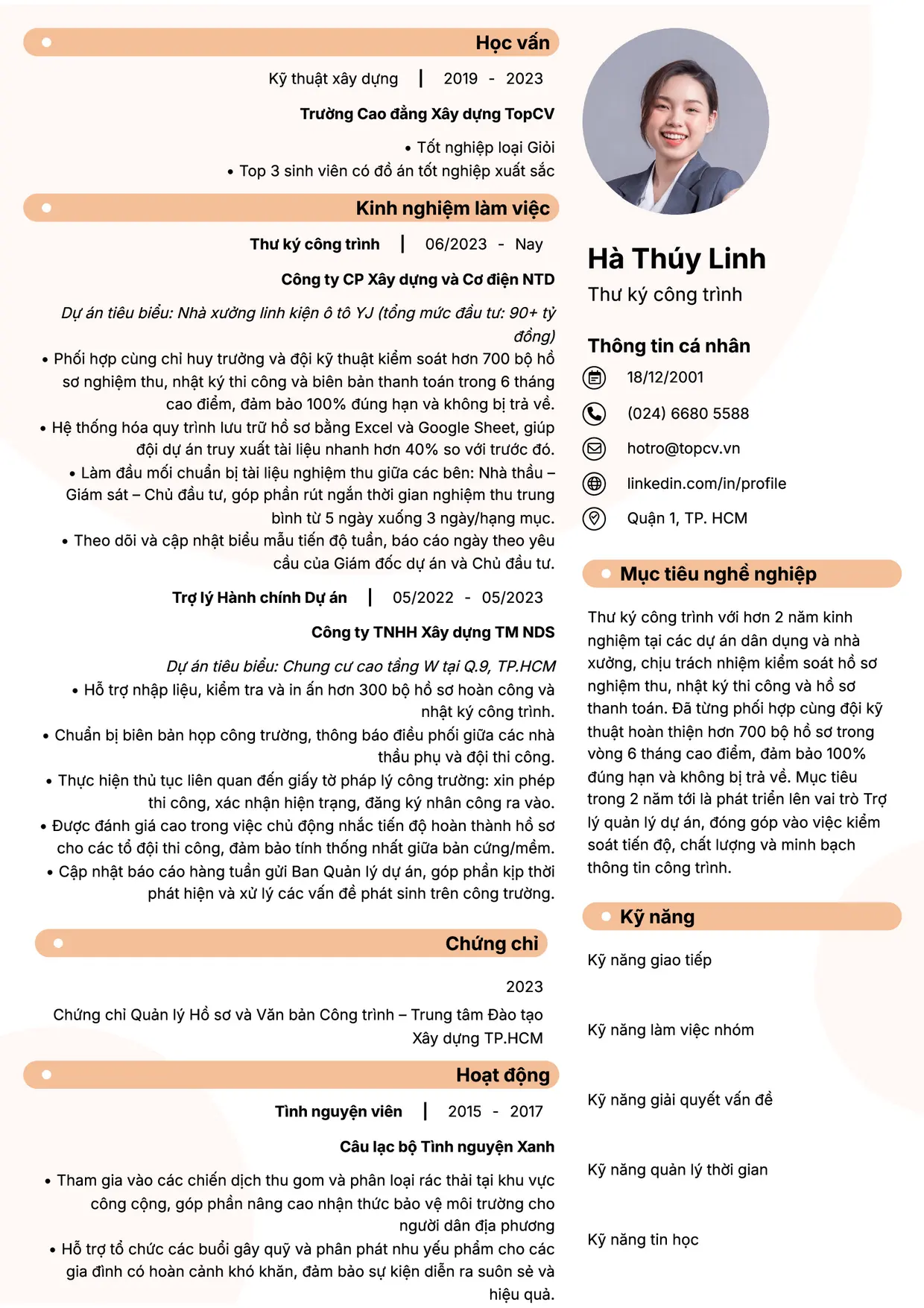 Mẫu CV xin việc Thư ký công trình style Basic 5