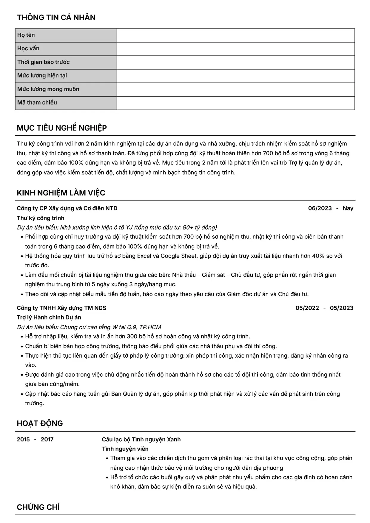 Mẫu CV xin việc Thư ký công trình style Headhunt