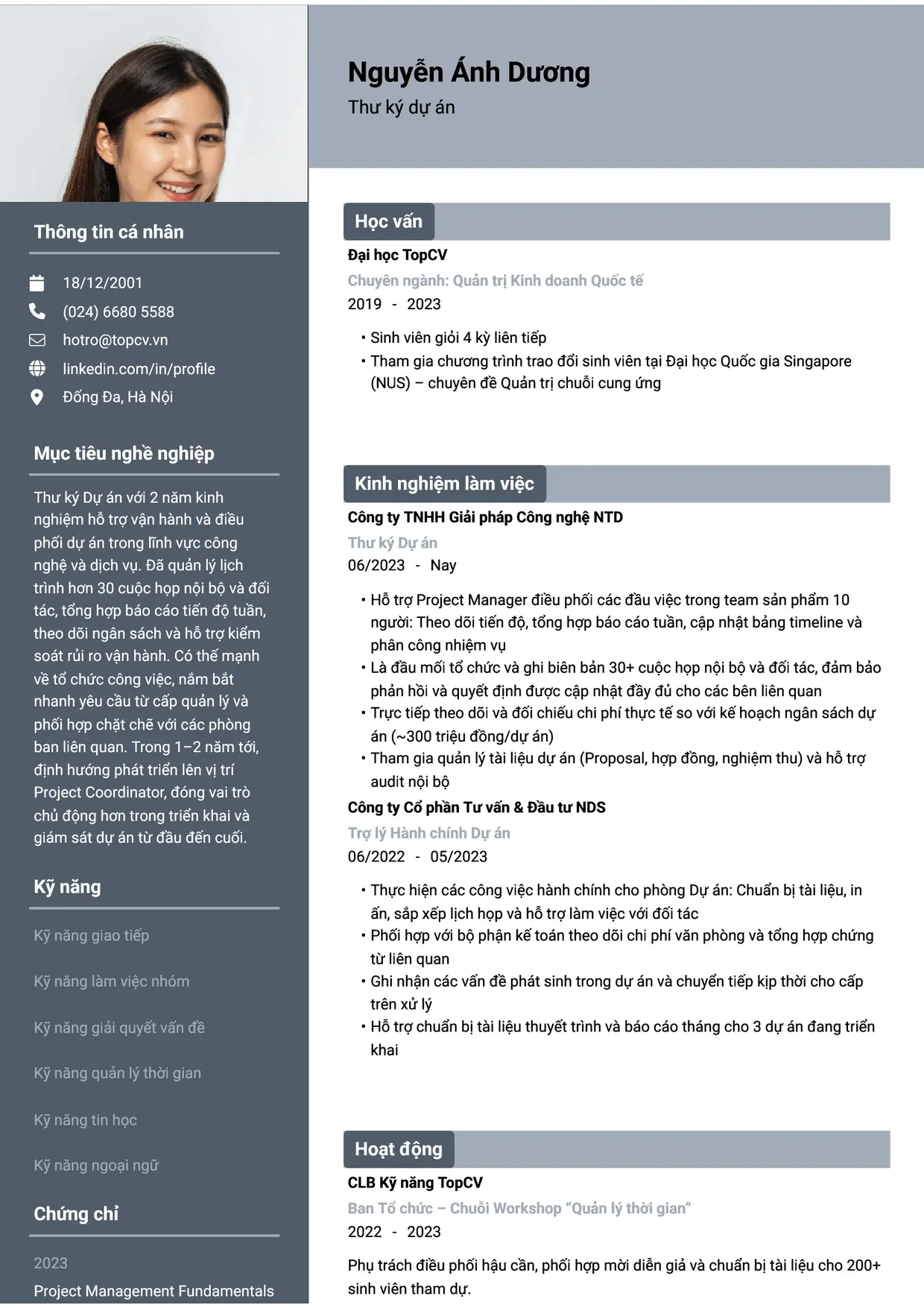 Mẫu CV Thư ký dự án style Basic 1