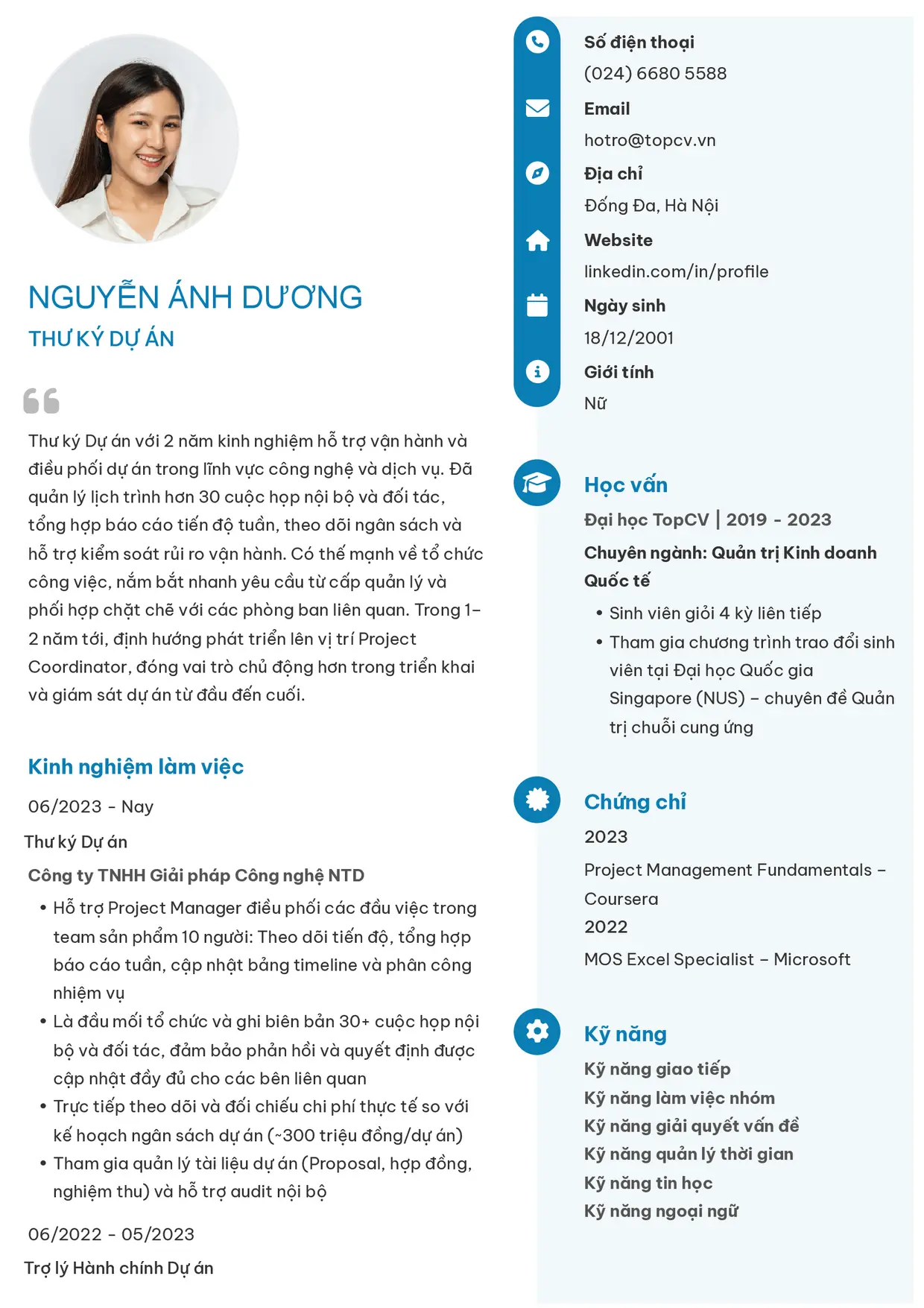 Mẫu CV Thư ký dự án style Basic 4