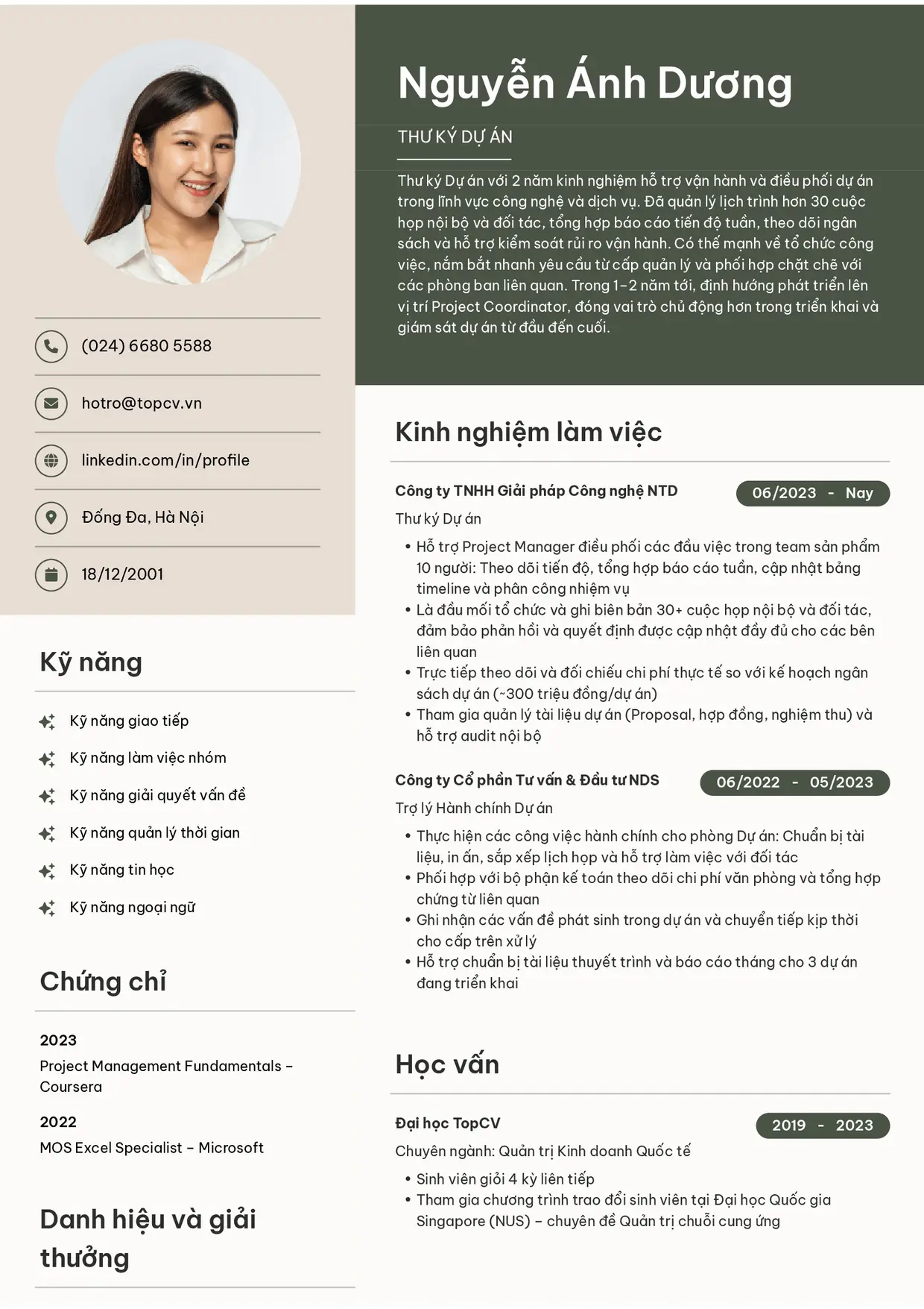 Mẫu CV Thư ký dự án style Bright
