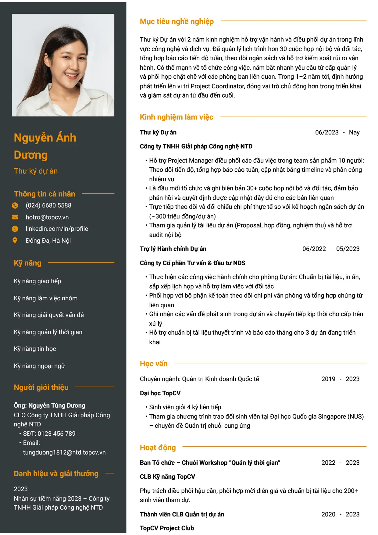 Mẫu CV Thư ký dự án style Tham vọng