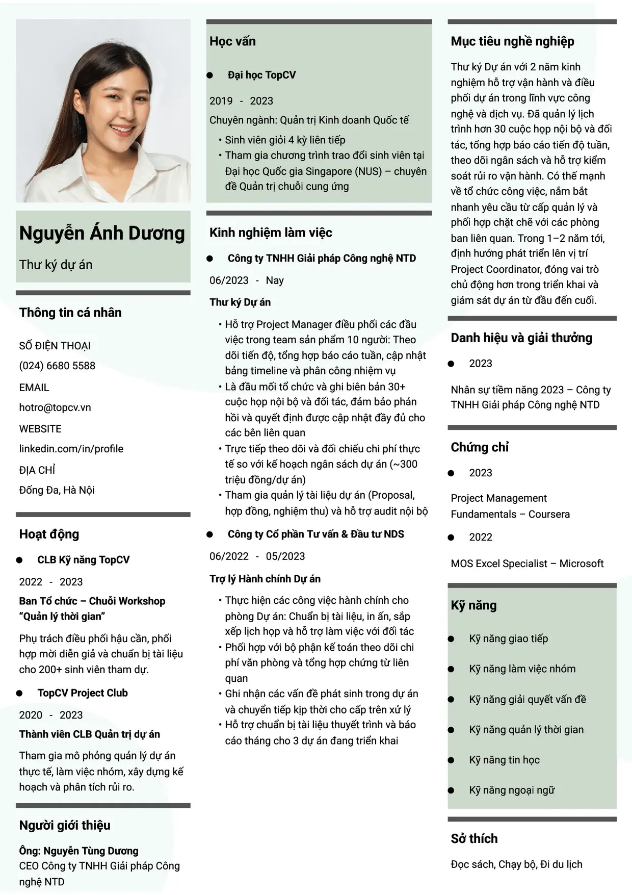Mẫu CV Thư ký dự án style Thời đại