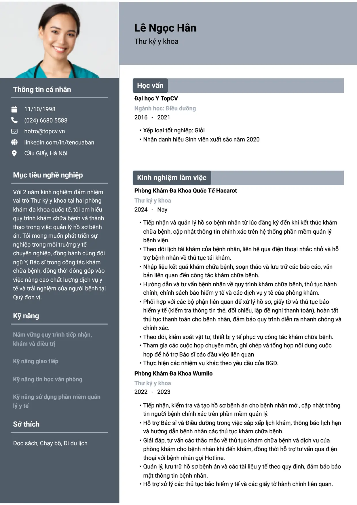 Mẫu CV Thư ký y khoa style Basic 1