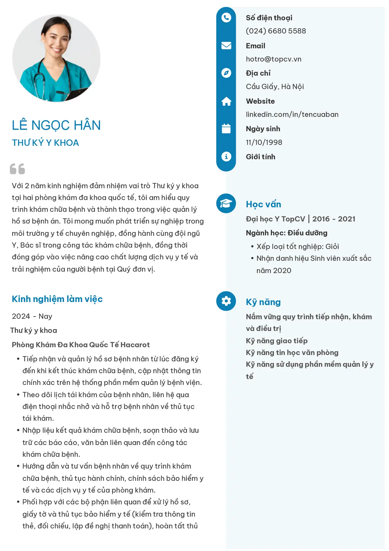 Mẫu CV Thư ký y khoa style Basic 4